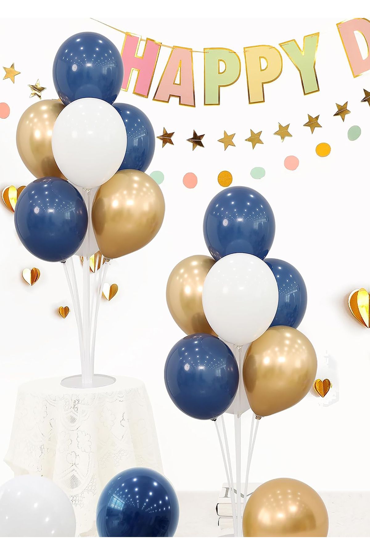 Parti Dolabı 2 Adet 7'li Balon Standı Ve 14 Adet Okyanus Mavisi- Beyaz-Gold Metalik Balon Set