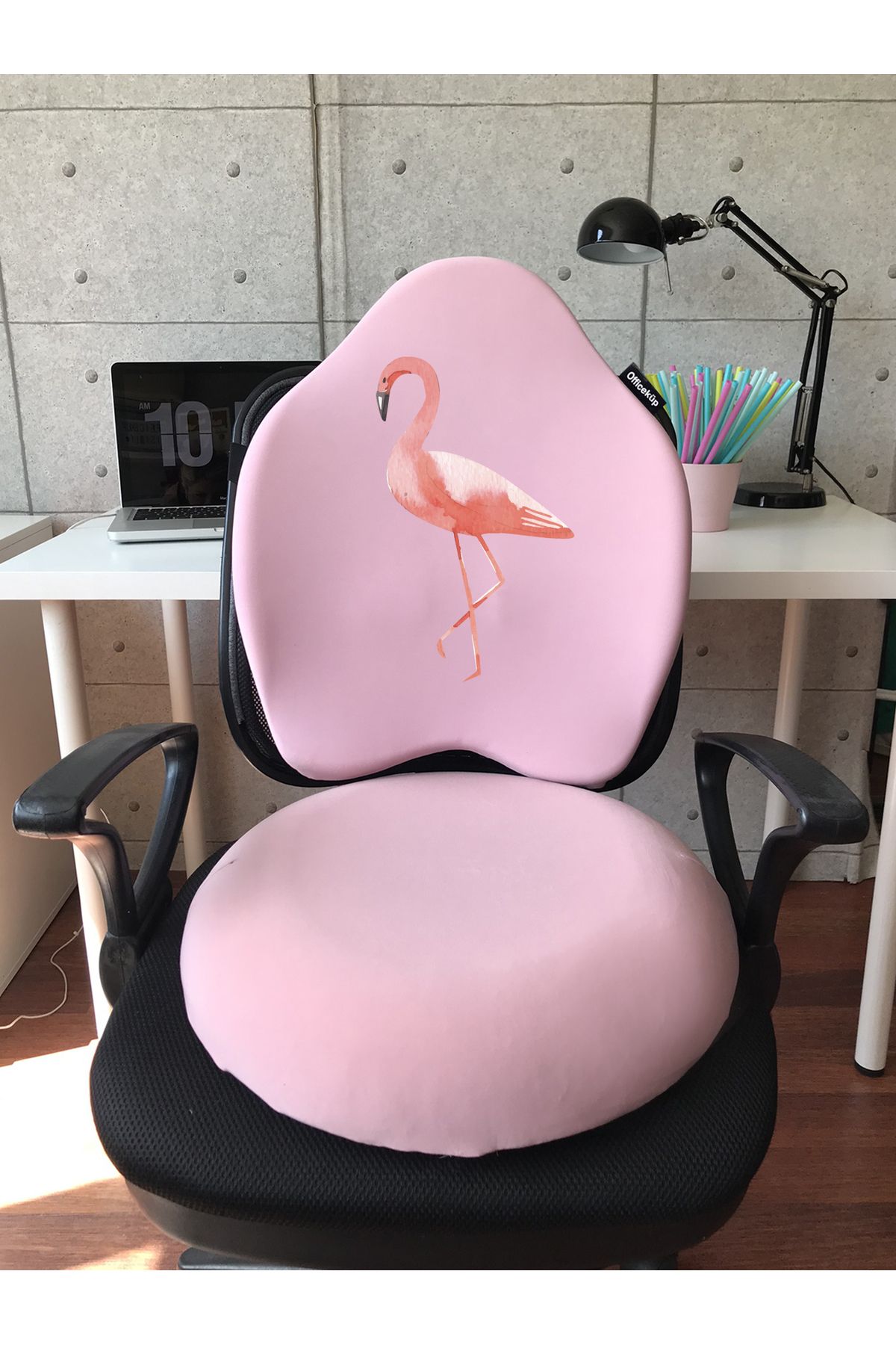 Officeküp Visco Gamer Oyuncu Bel Yastığı ve Yuvarlak Oturma Minderi 2'li Set Pembe Flamingo Somon