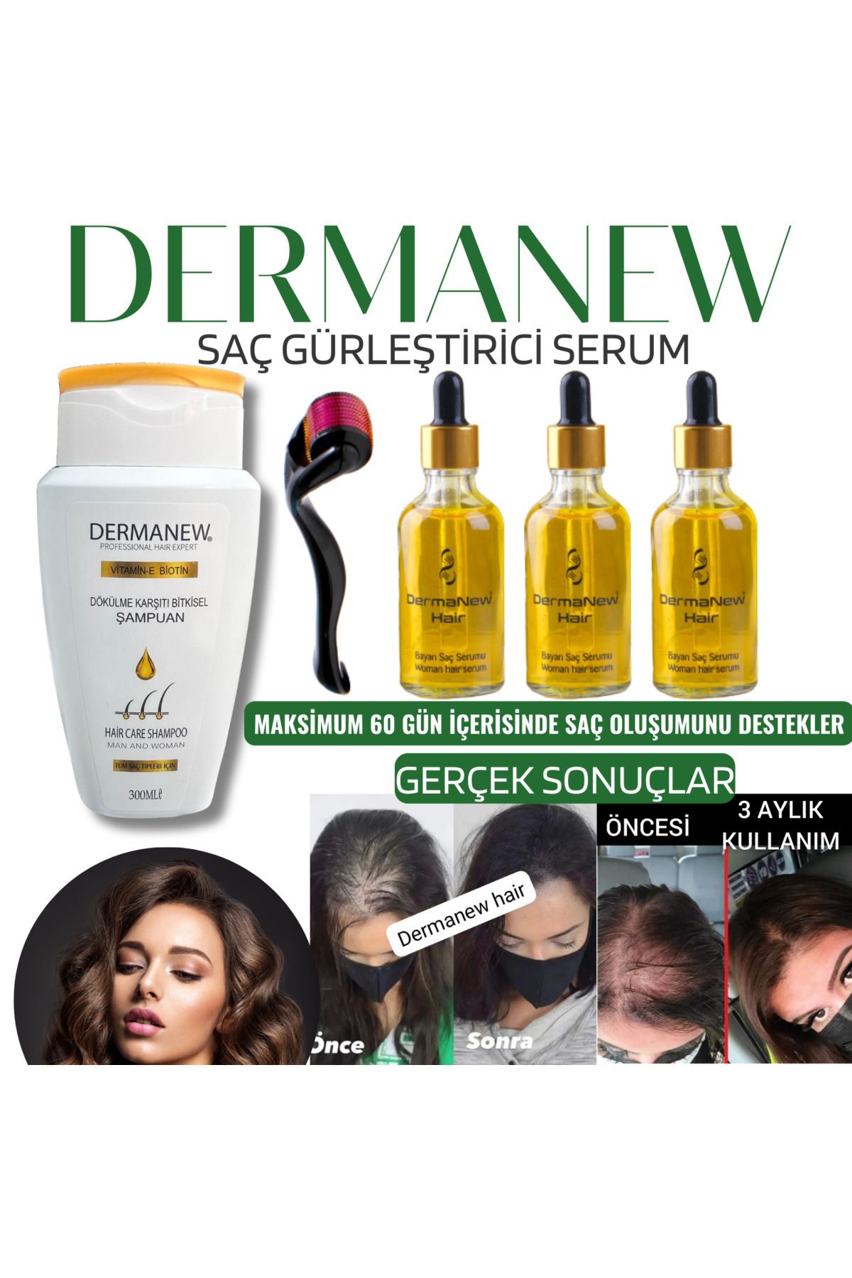 dermanew hair Bayanlara Özel Saç Gürleştirici Serum / 3 Adet Serum 1 Adet Roller Şampuan