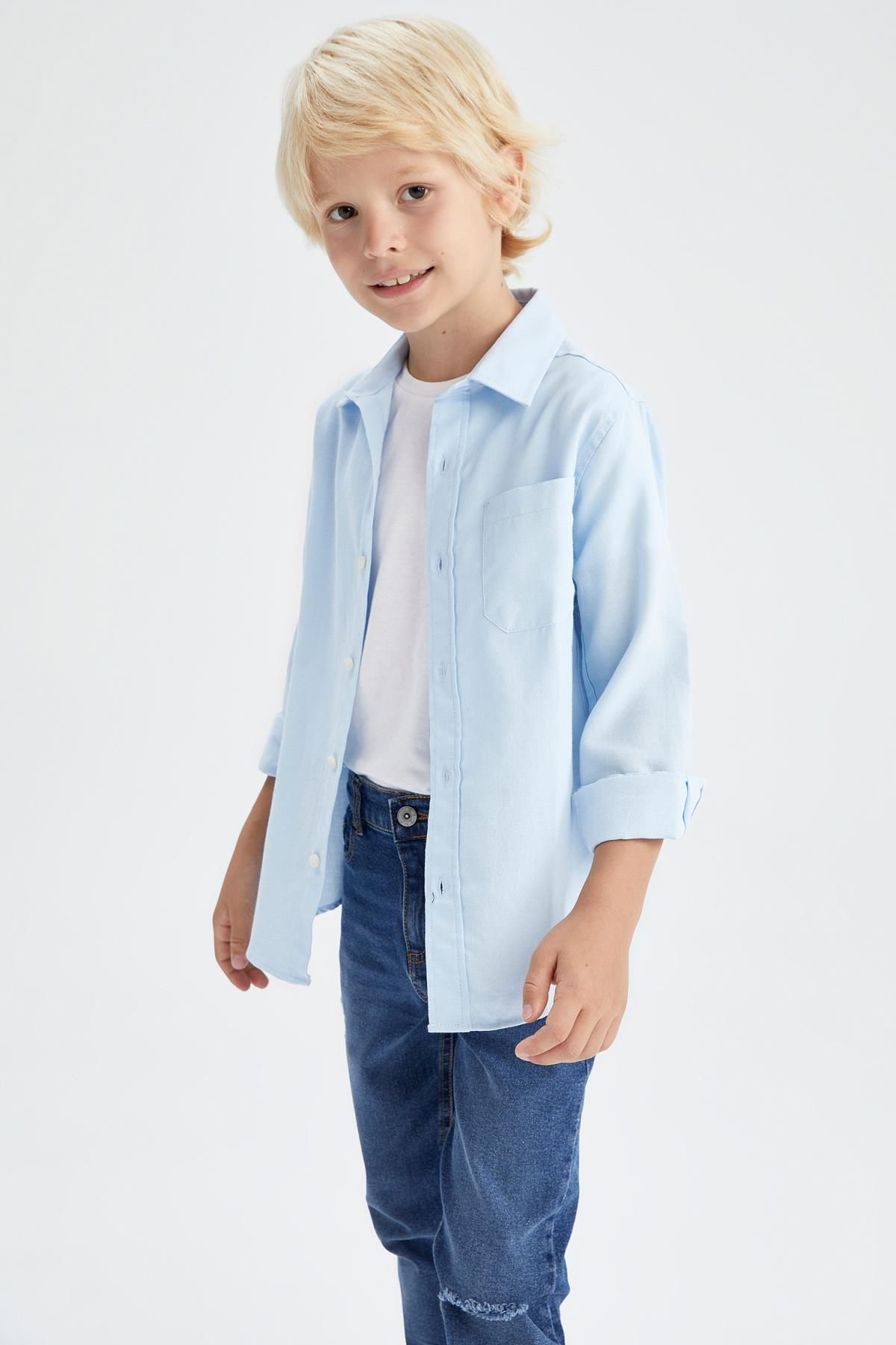 Defacto Erkek Çocuk Mavi Oxford Uzun Kollu Okul Gömleği