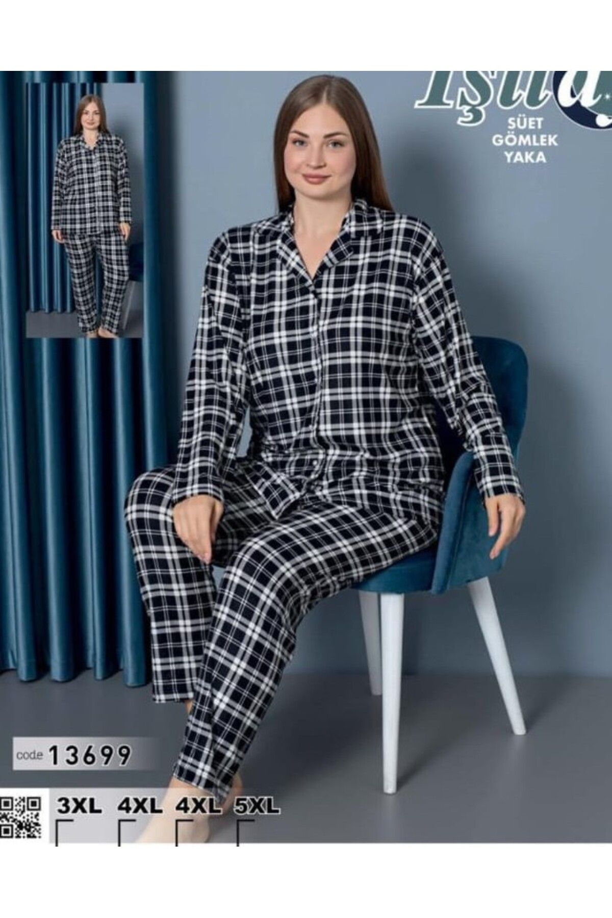 aryam butik Pamuklu Uzun Kol Süet Kadın Büyük Beden Pijama Takımı