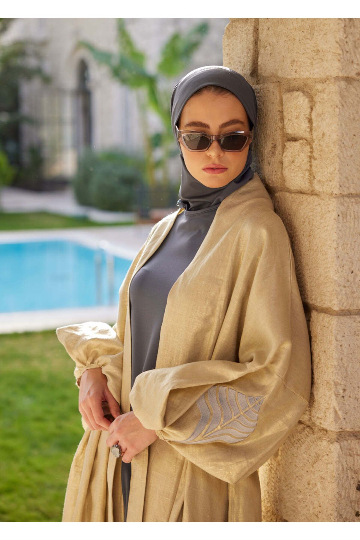 Mayovera Kimono - Plaj Elbisesi - Nakışlı Gold % 100 Keten