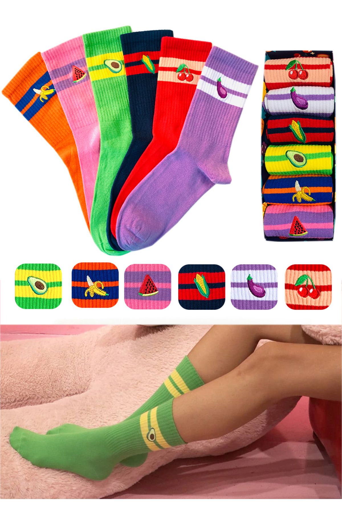 Socks Stations Ünisex Meyve Nakışlı Renkli Çorap Kutusu 6'lı