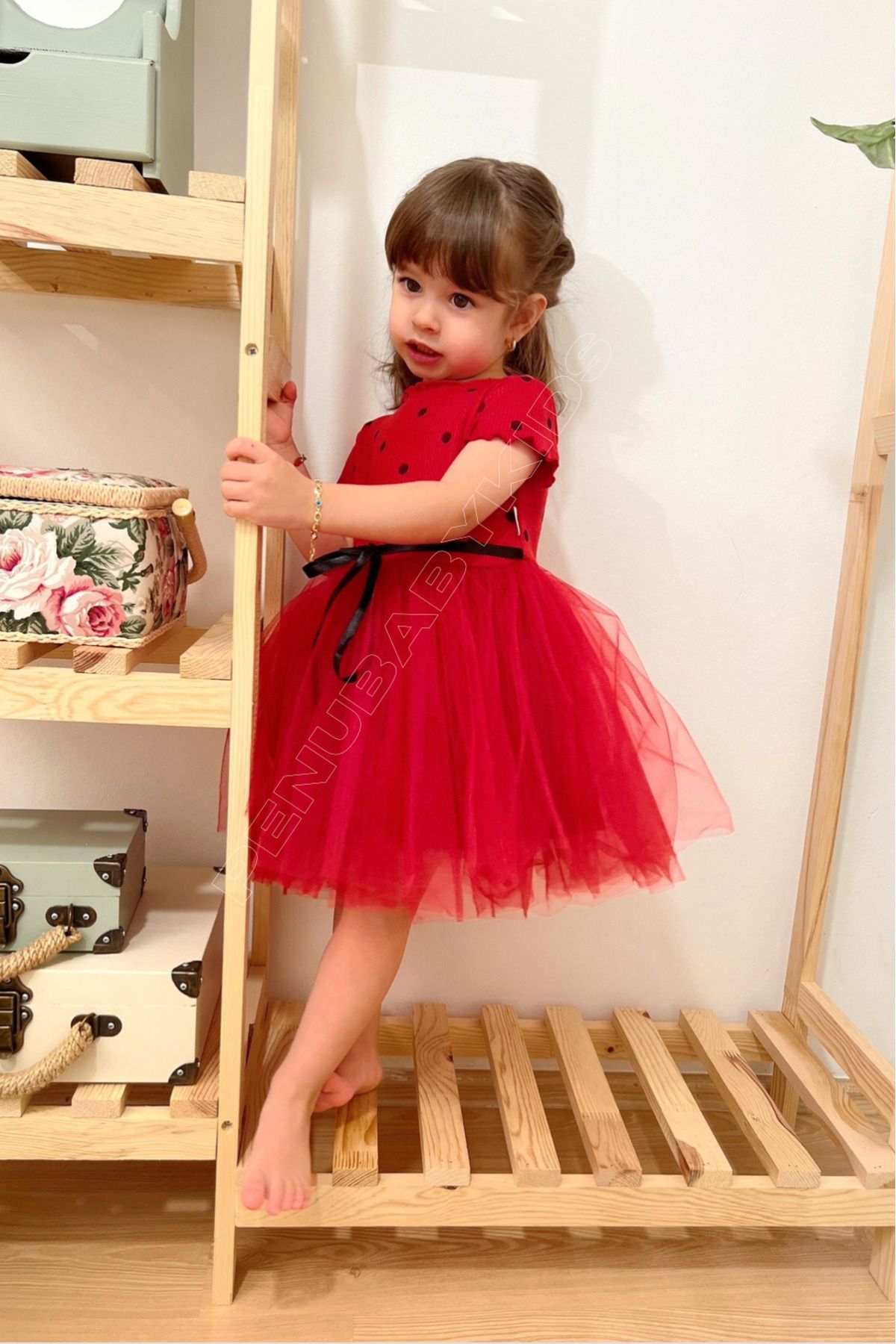 penu baby kids Kırmızı Puantiyeli Tütülü Kısa Kol Kız Bebek Elbise - Emily