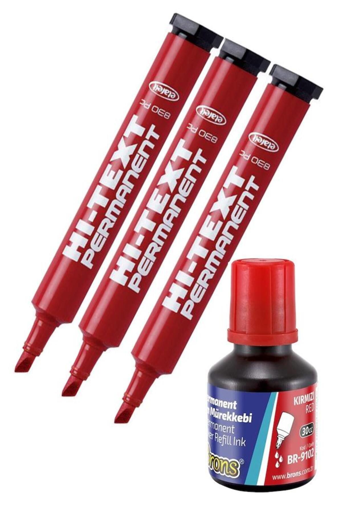 Artlantis Kırmızı Kesik Uçlu Markör Permanent Kalem 3 Adet Hı-Text Marker Mürekkep Kırmızı 30 Ml 1 Adet Brons