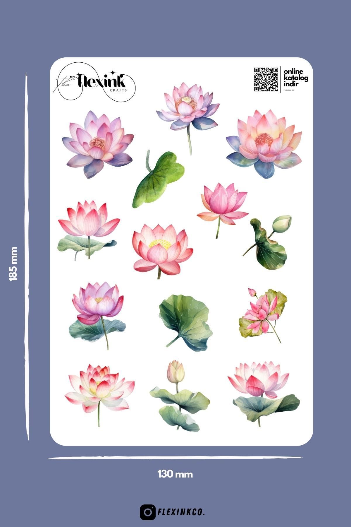 Flexink Co Lotus Çiçeği Temalı Parlak Sticker Seti Scrapbook Ajanda Journal Bullet Planner Telefon