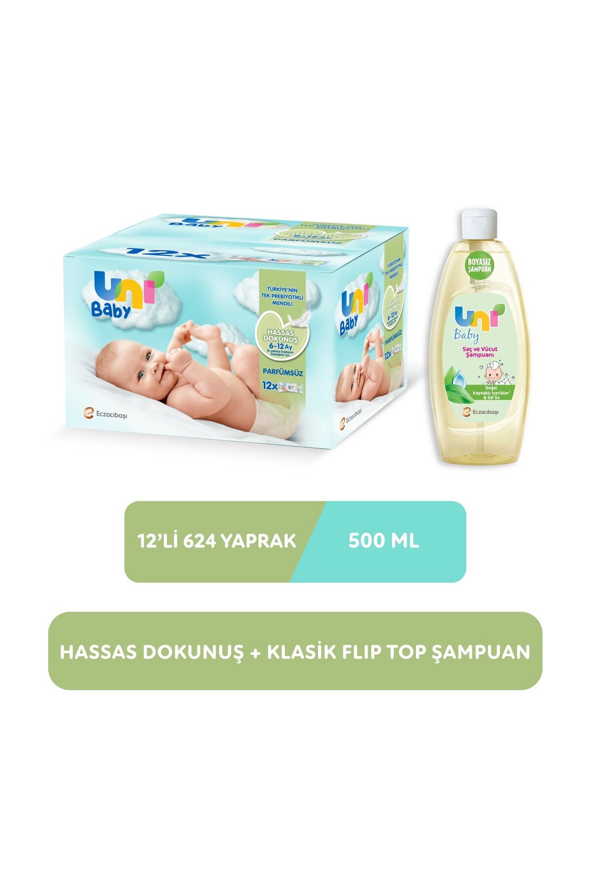 Uni Baby Hassas Dokunuş Islak Mendil 12'li 624 Yaprak	 Şampuan 500 ml Set