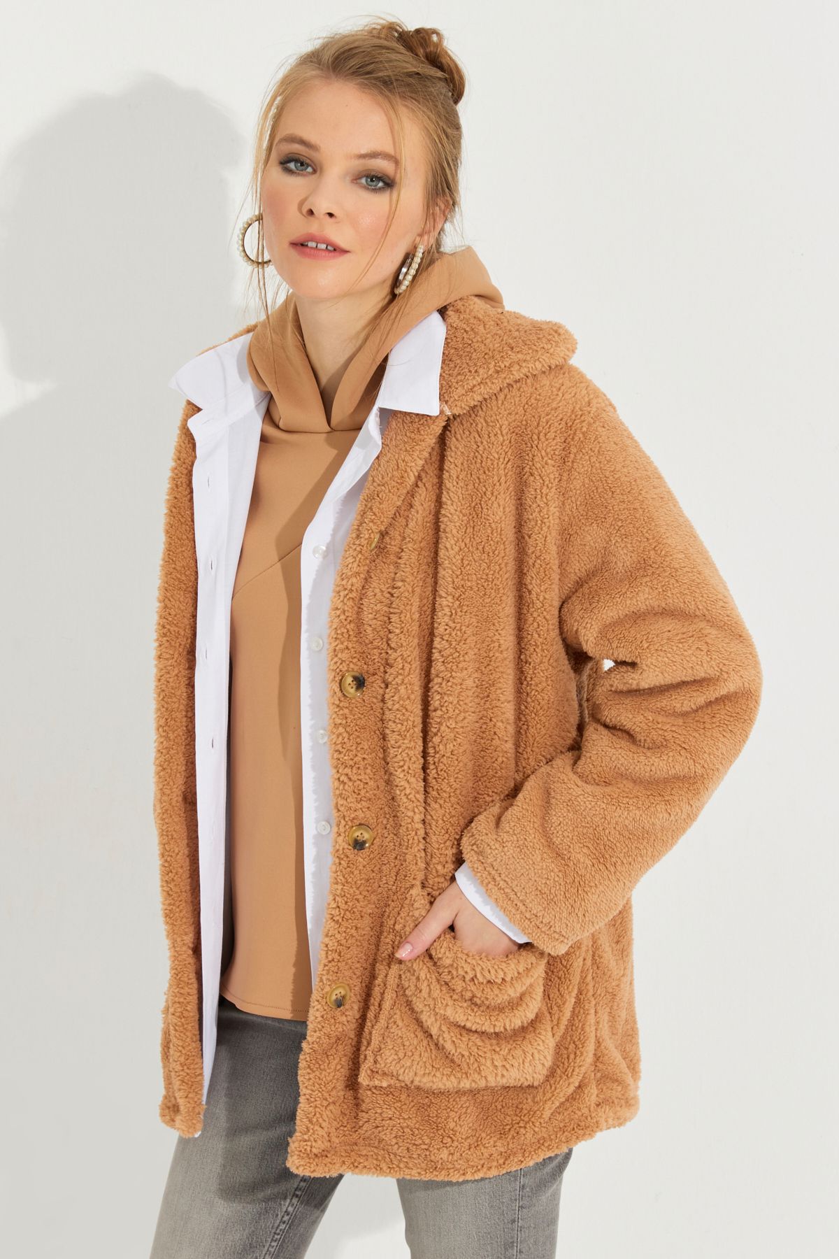 Cool & Sexy Kadın Camel Teddy Ceket Q980