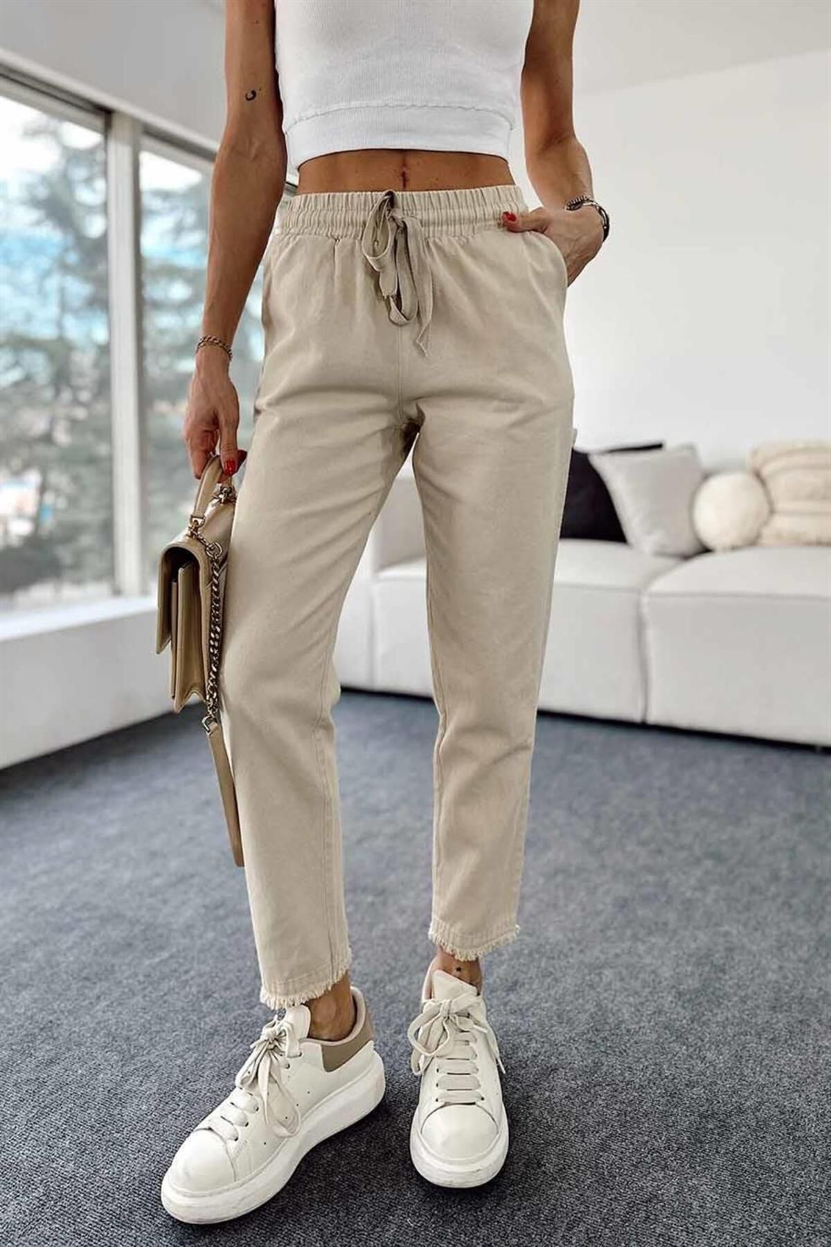 MALDİA SHOP Kadın Beli Lastikli Paçası Püskül Detay Parça Boya Gabardin Taş Pantolon