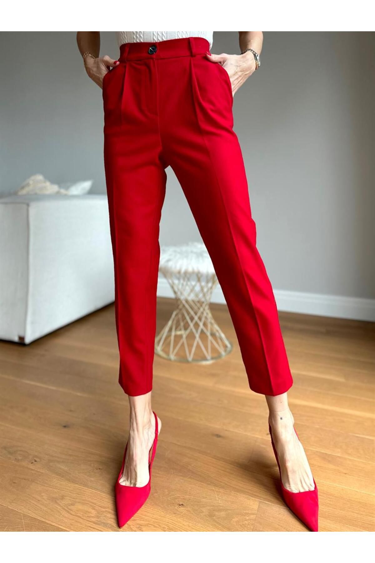 MALDİA SHOP Kadın Beli Lastikli Cepli Kırmızı Havuç Pamuklu Pantolon