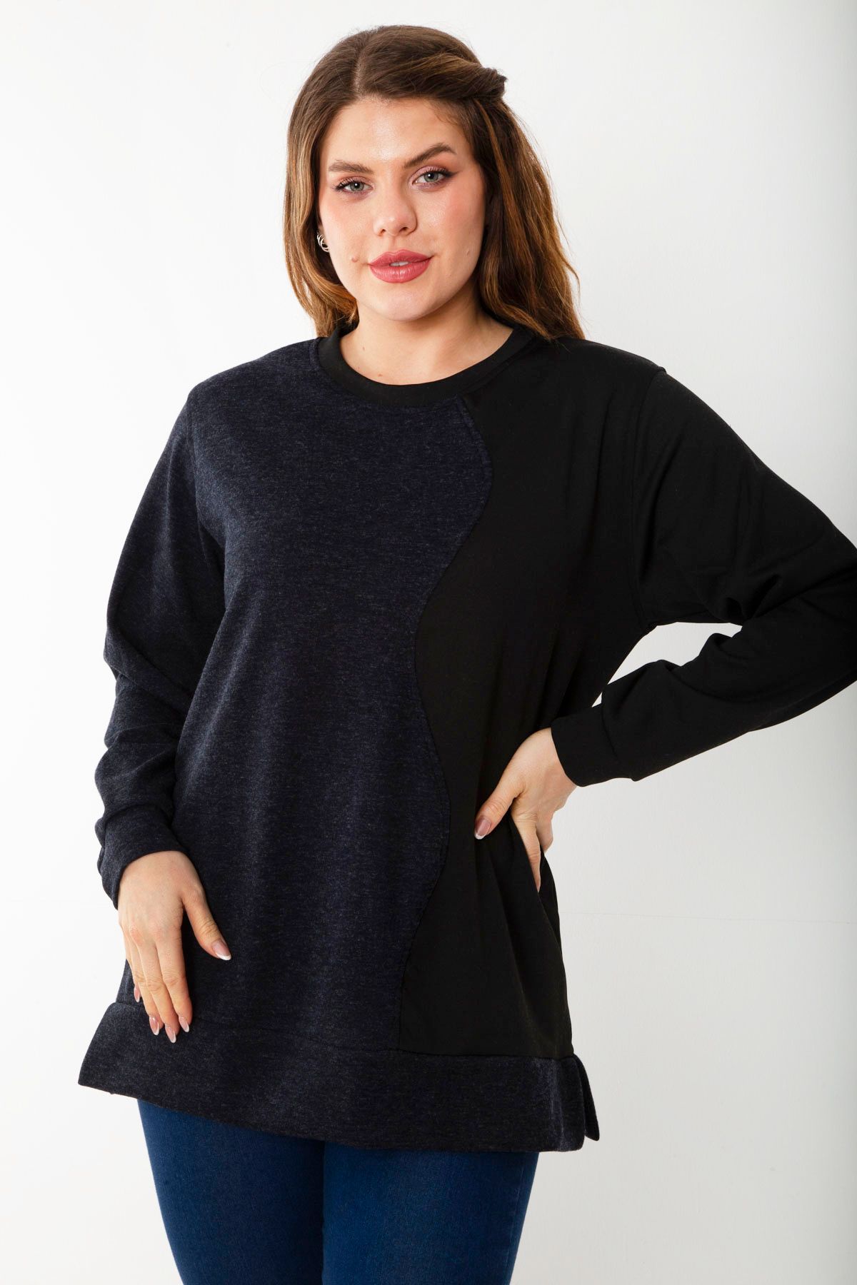 Şans Kadın Büyük Beden Lacivert Dueble Face Kumaş Renk Kombinli Sweatshirt 65N37124