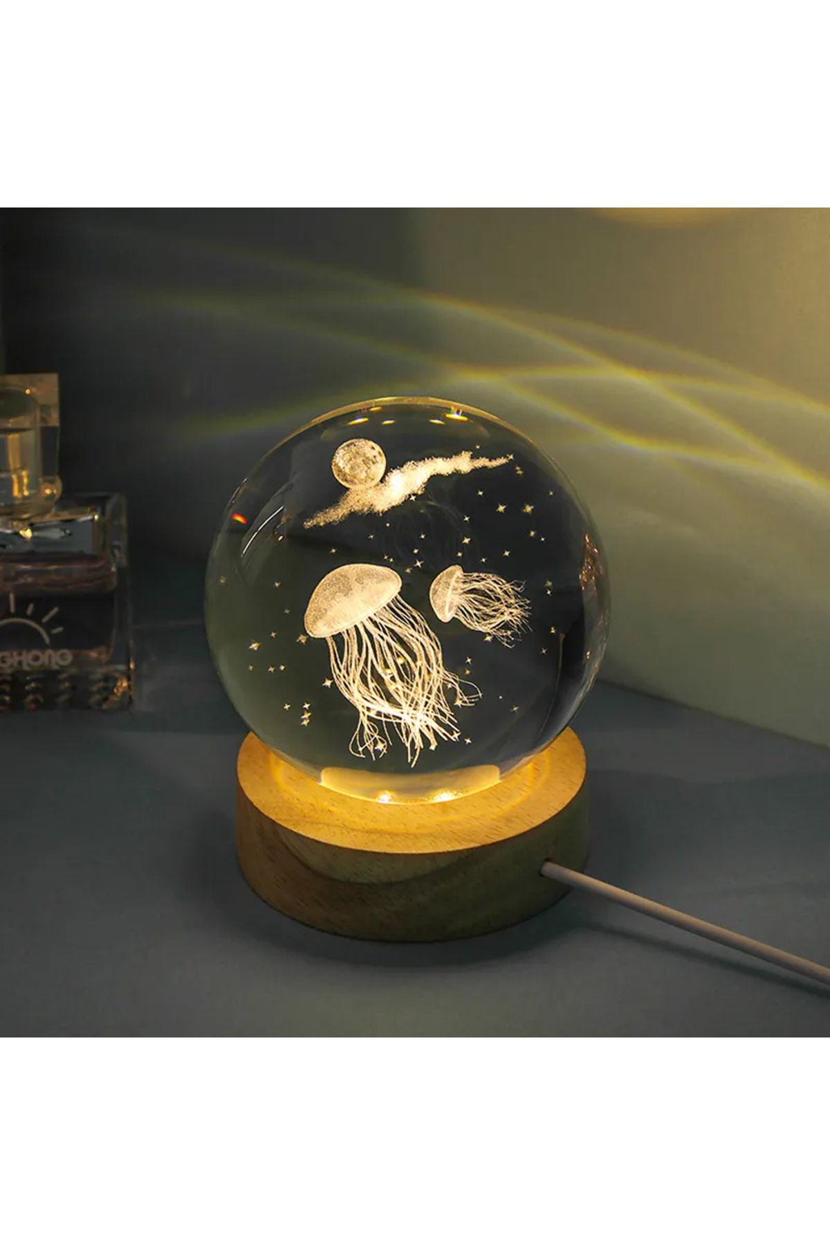 Tahtakale Dünyası Denizanası tasarımlı ışıklı cam küre ahşap altlıklı usb li hediyelik masa ve gece lambası