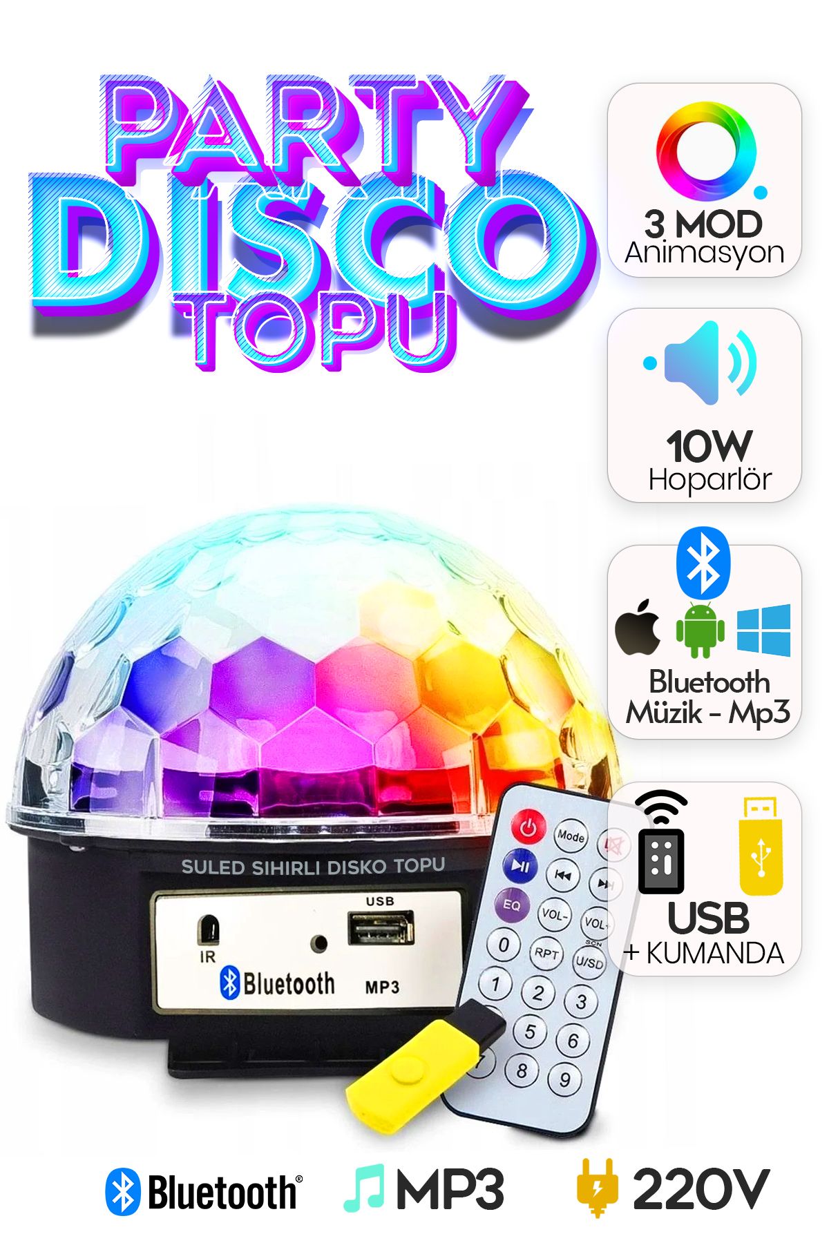 SULED Disko Topu Led Işık Bluetooth Hoparlörlü USB Müzik Çalar Kumanda 360* Dönen Parti Eğlence Işığı 220V