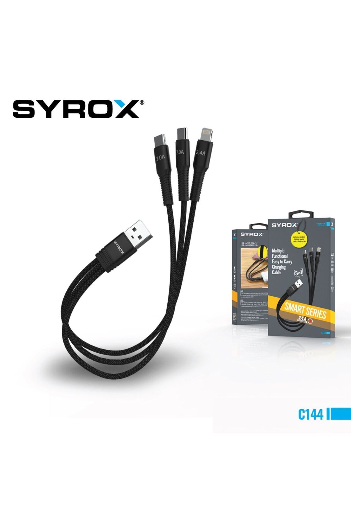 Syrox C144 USB-A to 2 adet Type-C 1 adet Lightning Çoklu Şarj Kablosu