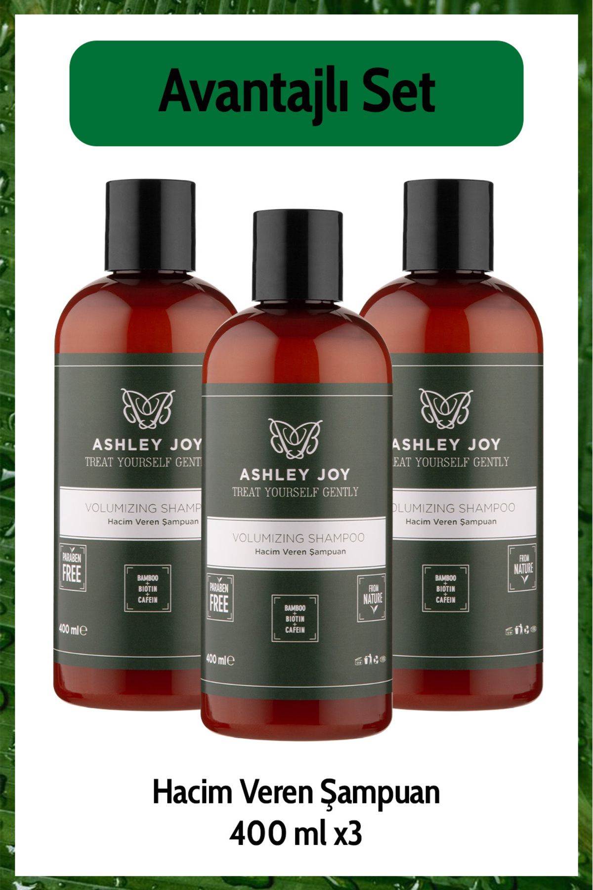 Ashley Joy Ince Telli Saçlara Hacim Veren Bitki Özlü Dolgunlaştırıcı Biotin Ve Kafein Şampuan 400 ml X3 Set