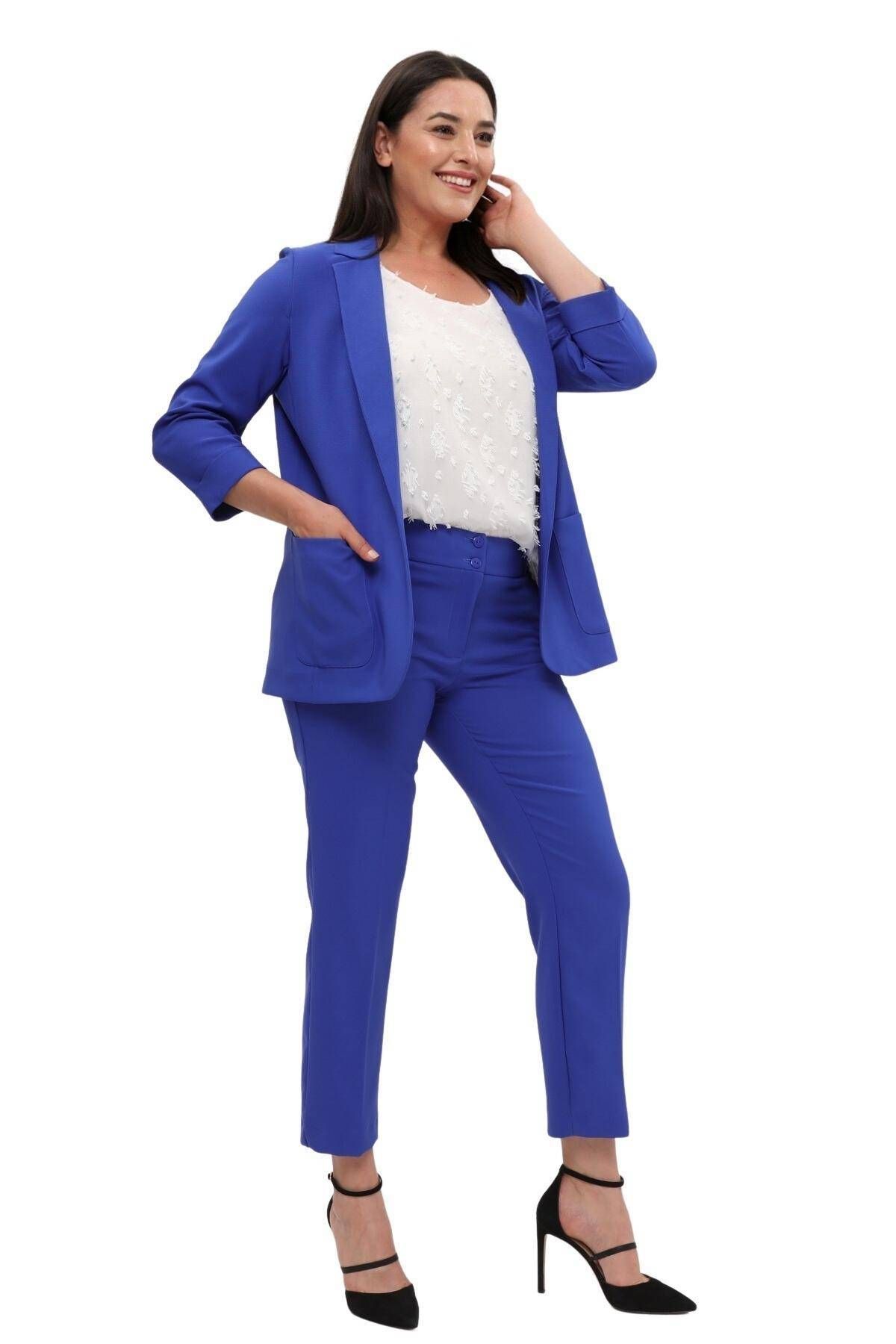 Hanezza Kadın Blazer Ceket | Sax | Büyük Beden | 7 Renk | Takım Elbise Uyumlu
