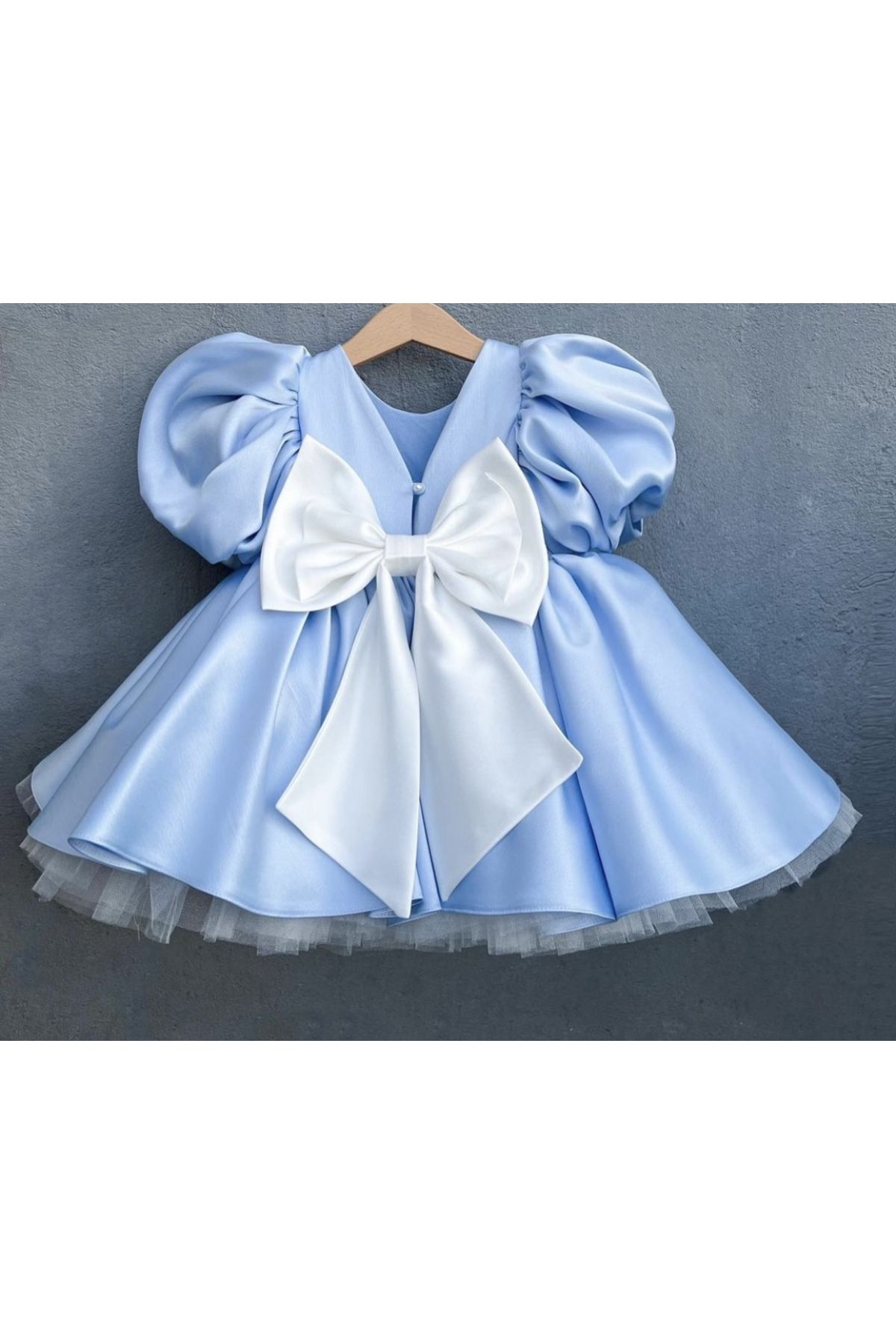 Mislina Kız çocuk bebe mavisi balon kollu Tasarım elbise