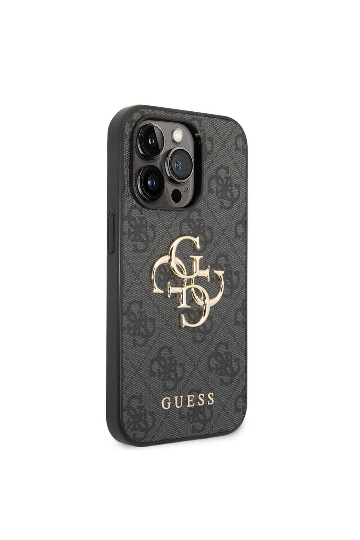 Guess iPhone 15 Pro Max Uyumlu Kılıf Guess Lisanslı PU Deri Yazı ve 4G Metal Logolu Desenli Gri