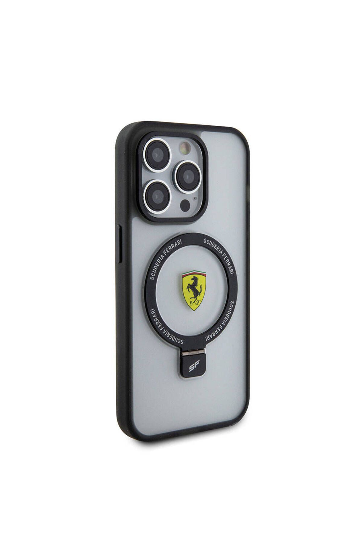 Ferrari iPhone 15 Pro Max uyumlu  Kılıf   Şarj Özellikli Standlı Buzlu Yüzey Dizayn Transparan Siyah