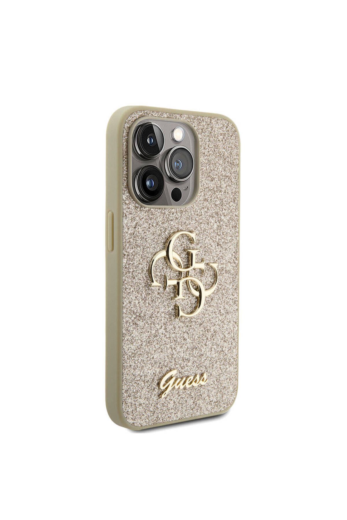 Guess iPhone 15 Pro Max Uyumlu Kılıf Guess Lisanslı 4G Büyük Metal Logolu Glitter Kapak Gold
