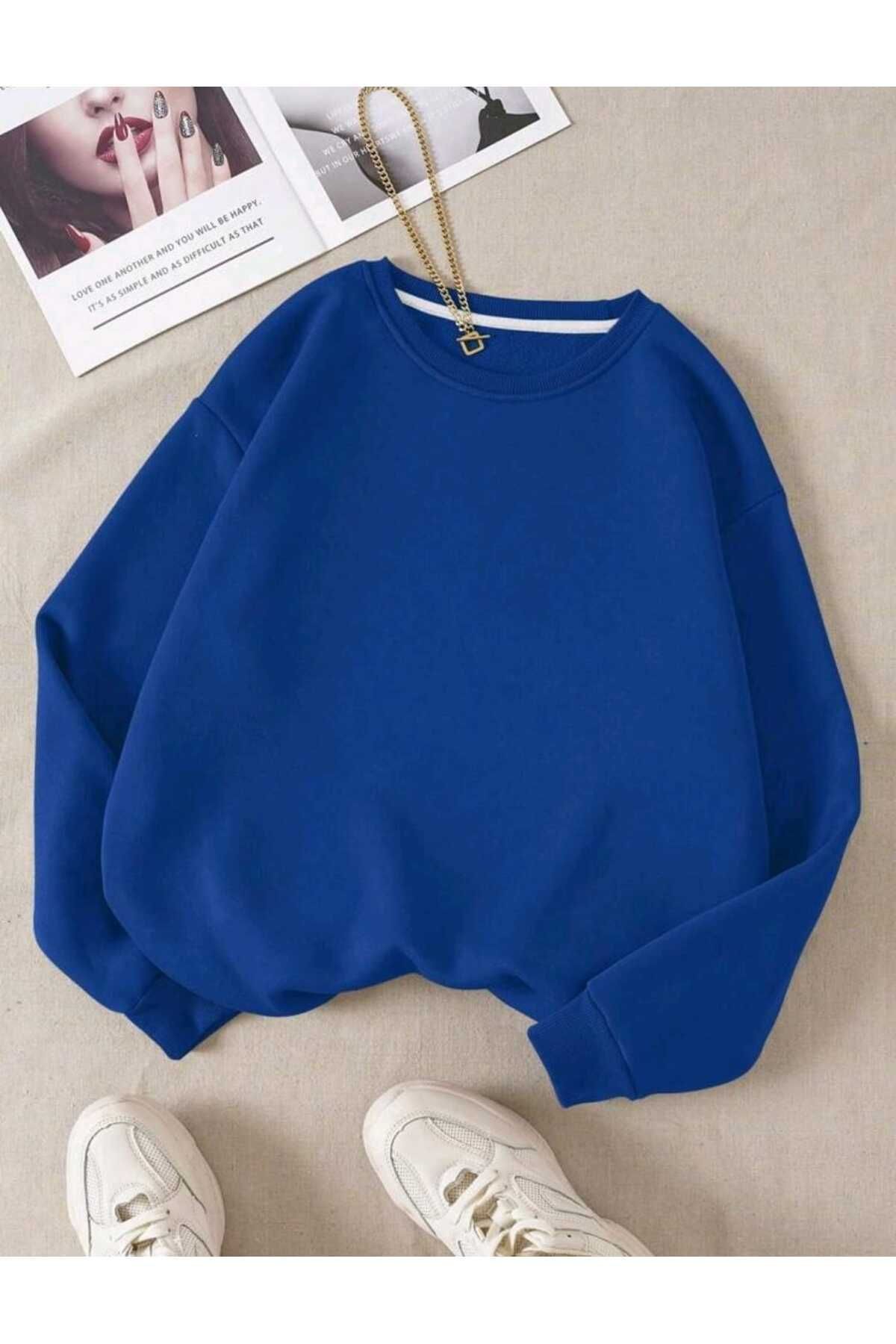 CLAYES Baskısız Düz Sweatshirt - Sax Mavi Kalın Kışlık Şardonlu Uzun Kol Oversize Bisiklet Yaka