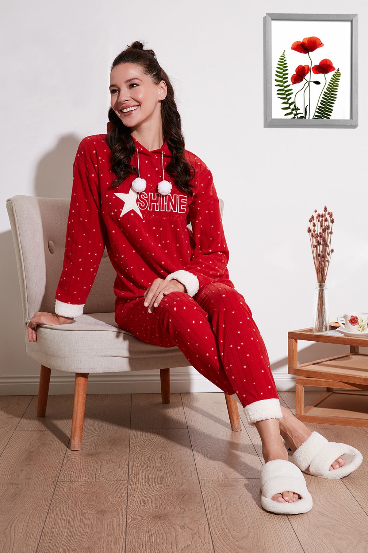 Lela Desenli Regular Fit Kapüşonlu Polar Pijama Takımı PİJAMA TAKIMI 6571004