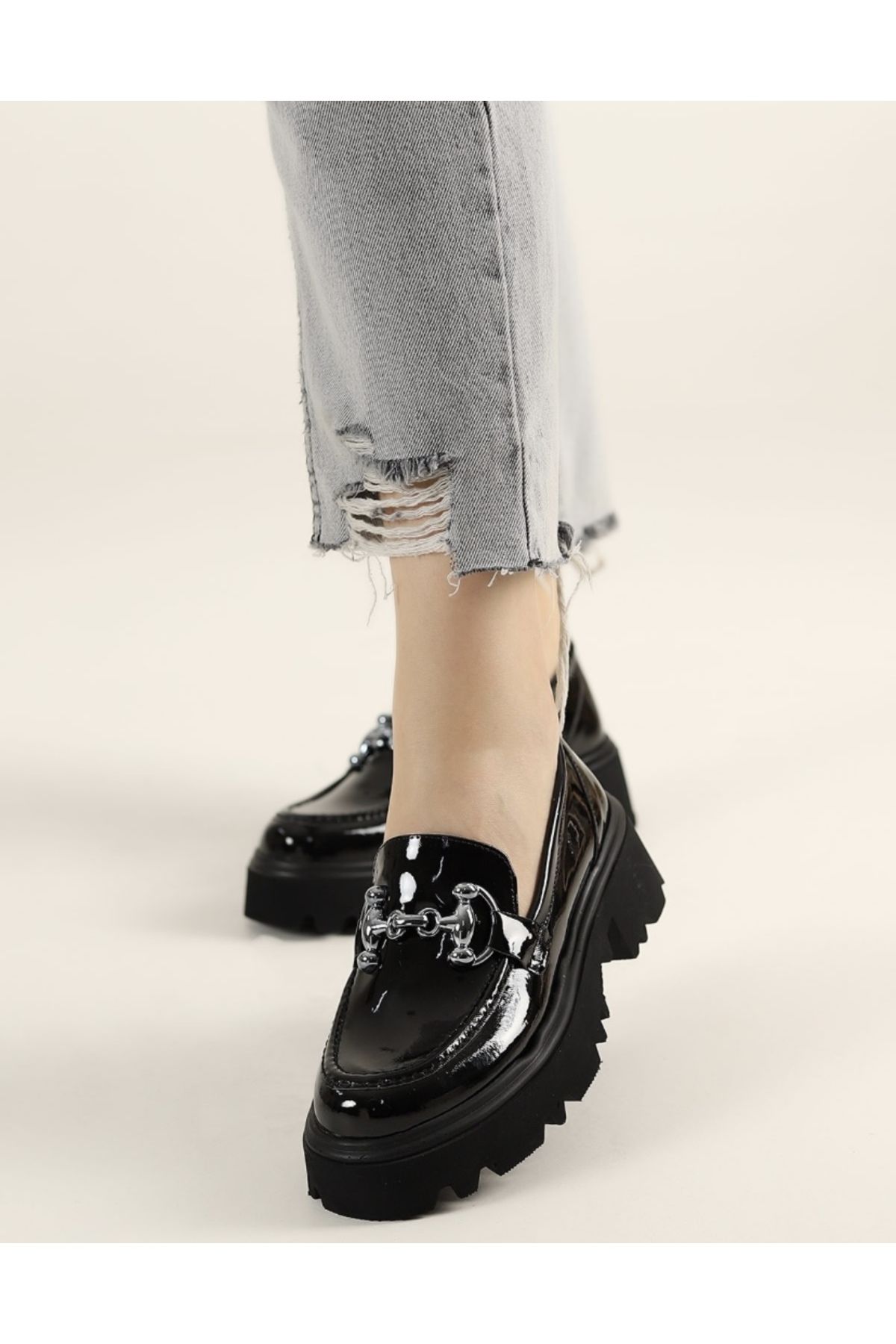 Akka Shoes Kadın Siyah RRugan Yeni Model Yüksek Taban Loafer