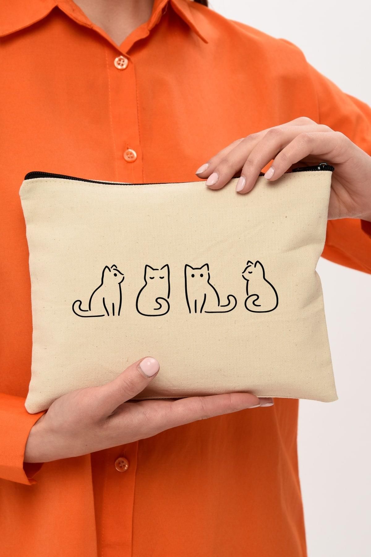 Çınar Bez Çanta Clutch Minik Kediler Kanvas Makyaj Çantası