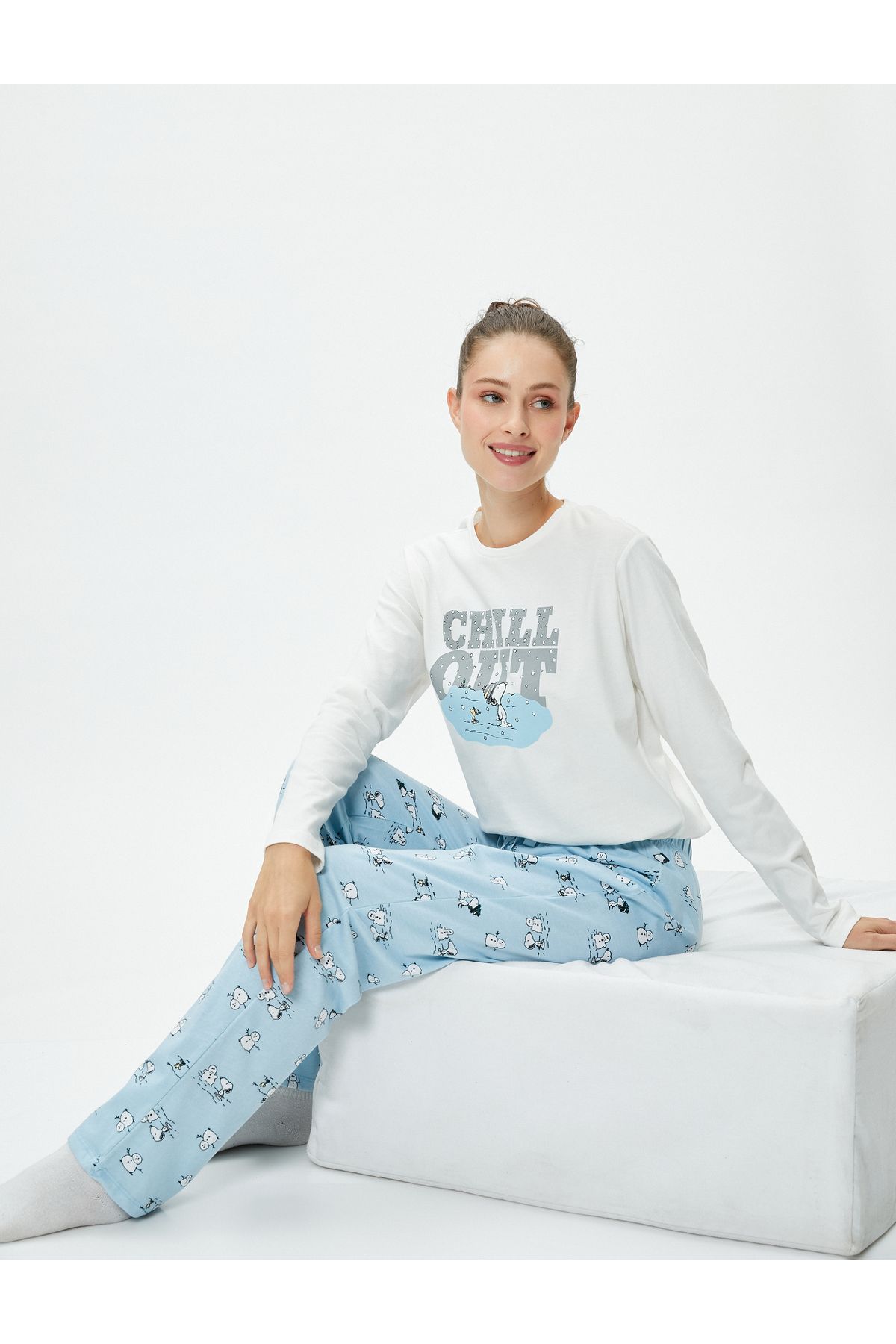 Koton Pijama Takımı Snoopy Lisanslı Baskılı Uzun Kollu Pamuklu