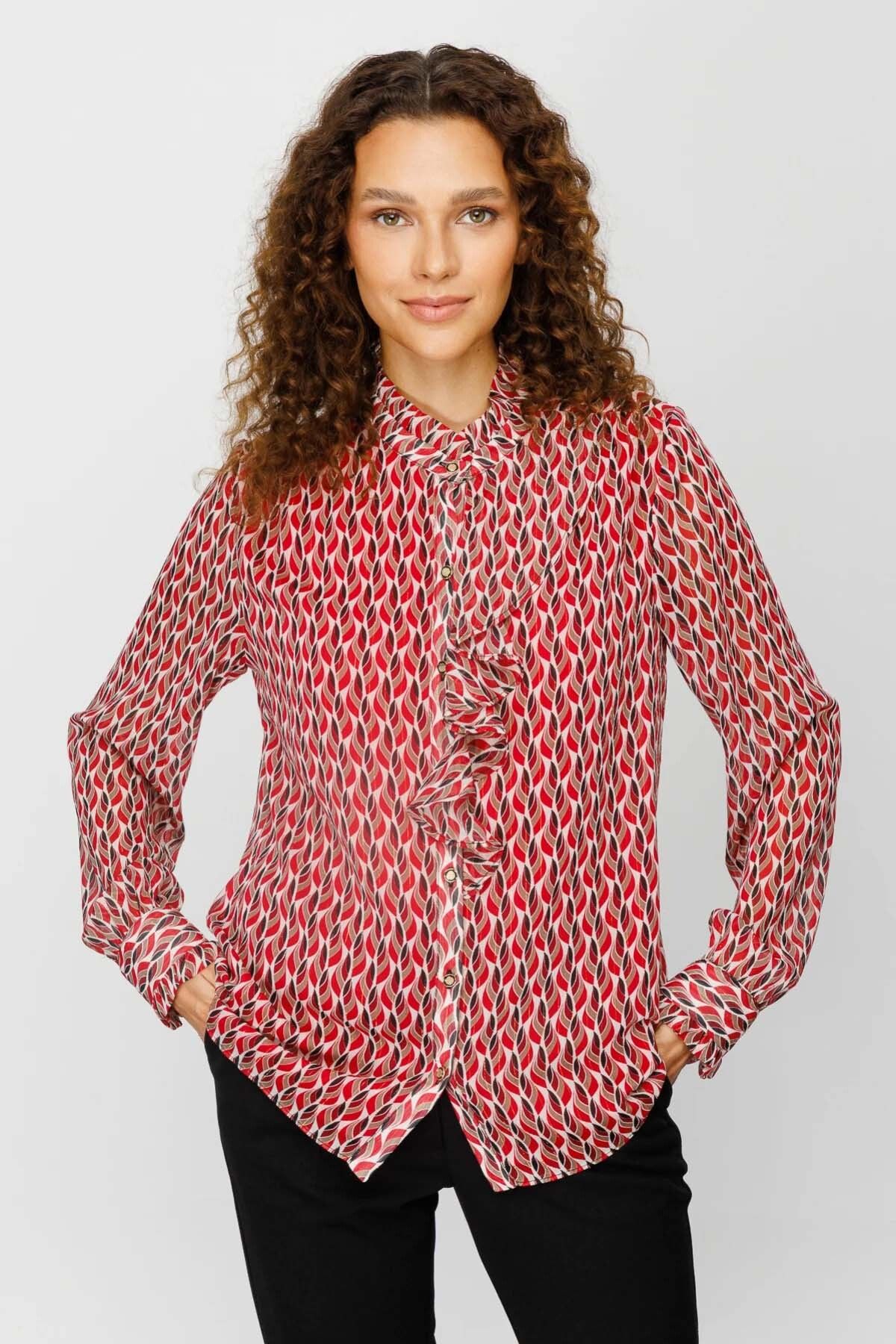 Ekol Kadın Yaka Fırfırlı Şifon Gömlek 1077 Kırmızı