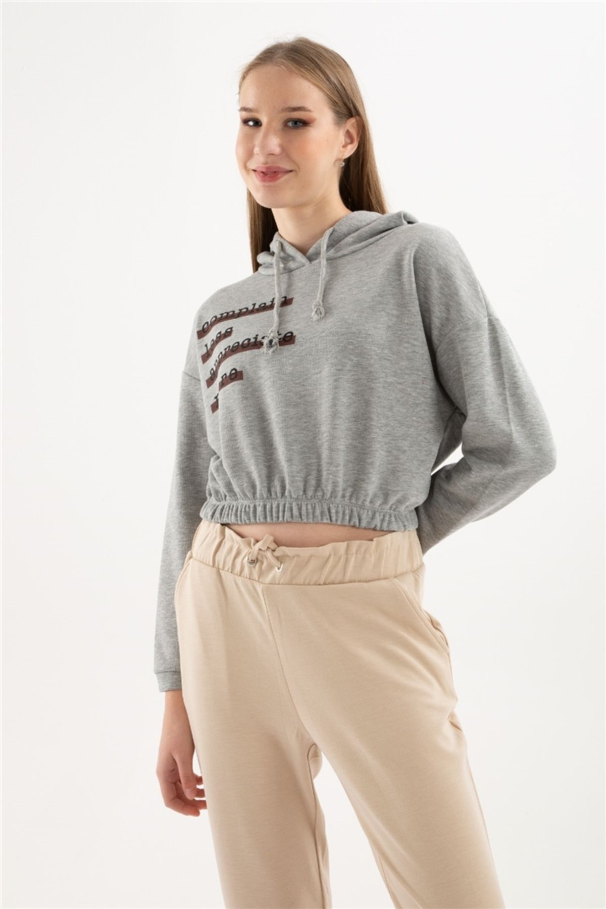 Fashion Friends Kapüşonlu Crop Sweatshirt Gri Melanj / Grey Melange