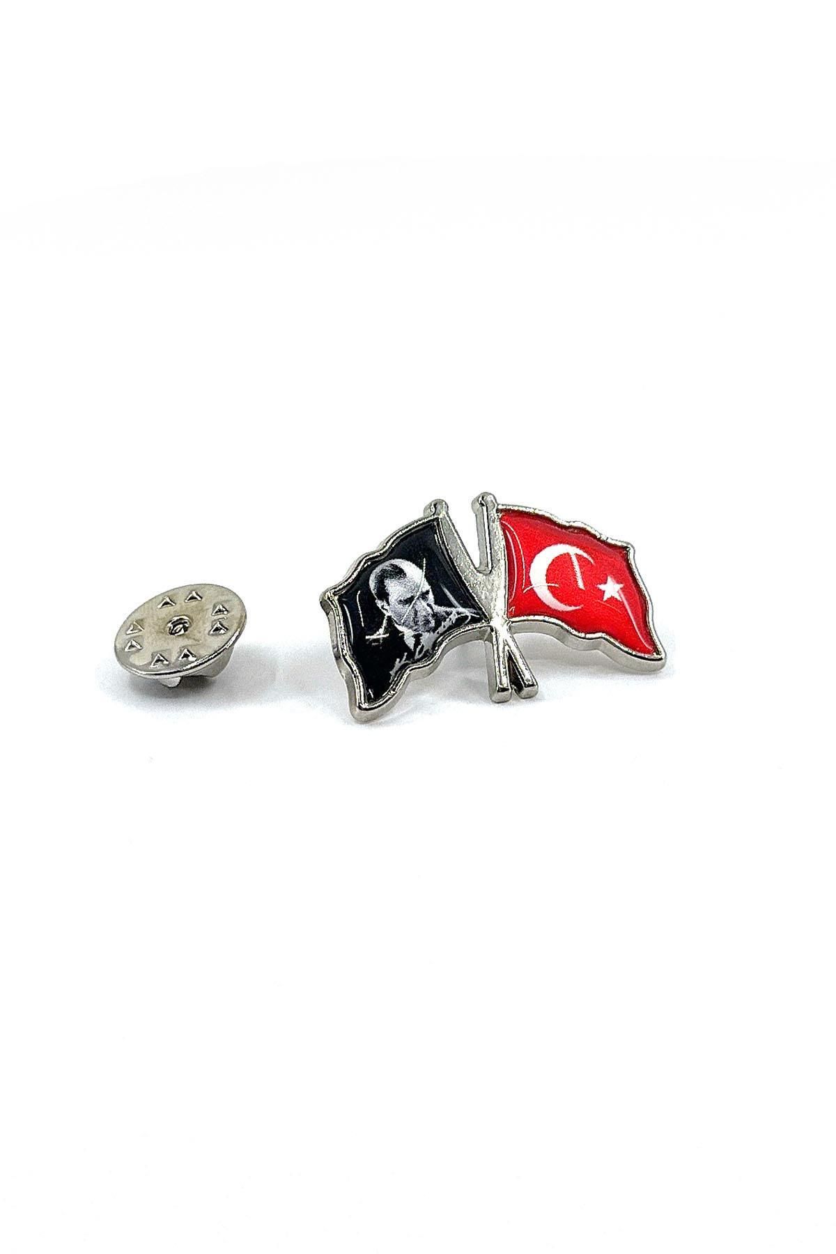 Kravatkolik Gümüş Renk Atatürk ve Türk Bayrağı Yaka İğnesi YI412