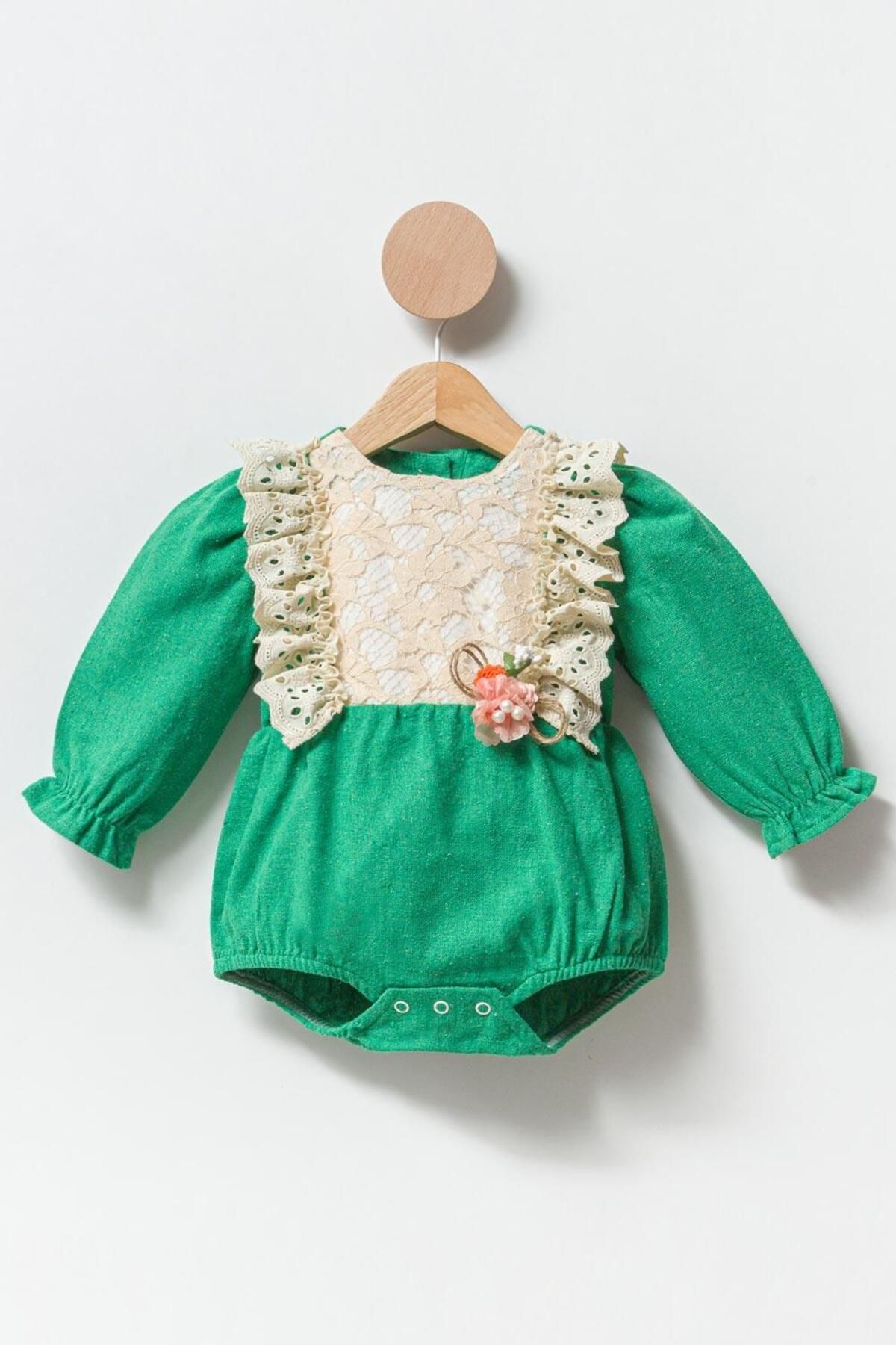 Le Mabelle Yeşil Fisto Robalı Çiçek Detaylı Kız Bebek Romper - Wendy
