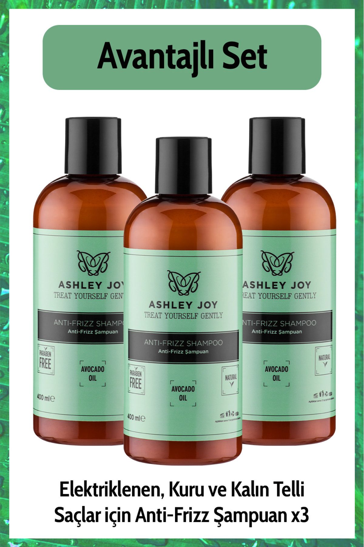 Ashley Joy Avokado Ve Aloevera Içeren Elektriklenen Kuru Ve Kalın Telli Saçlar Için Antifrizz Şampuan 400 ml X3