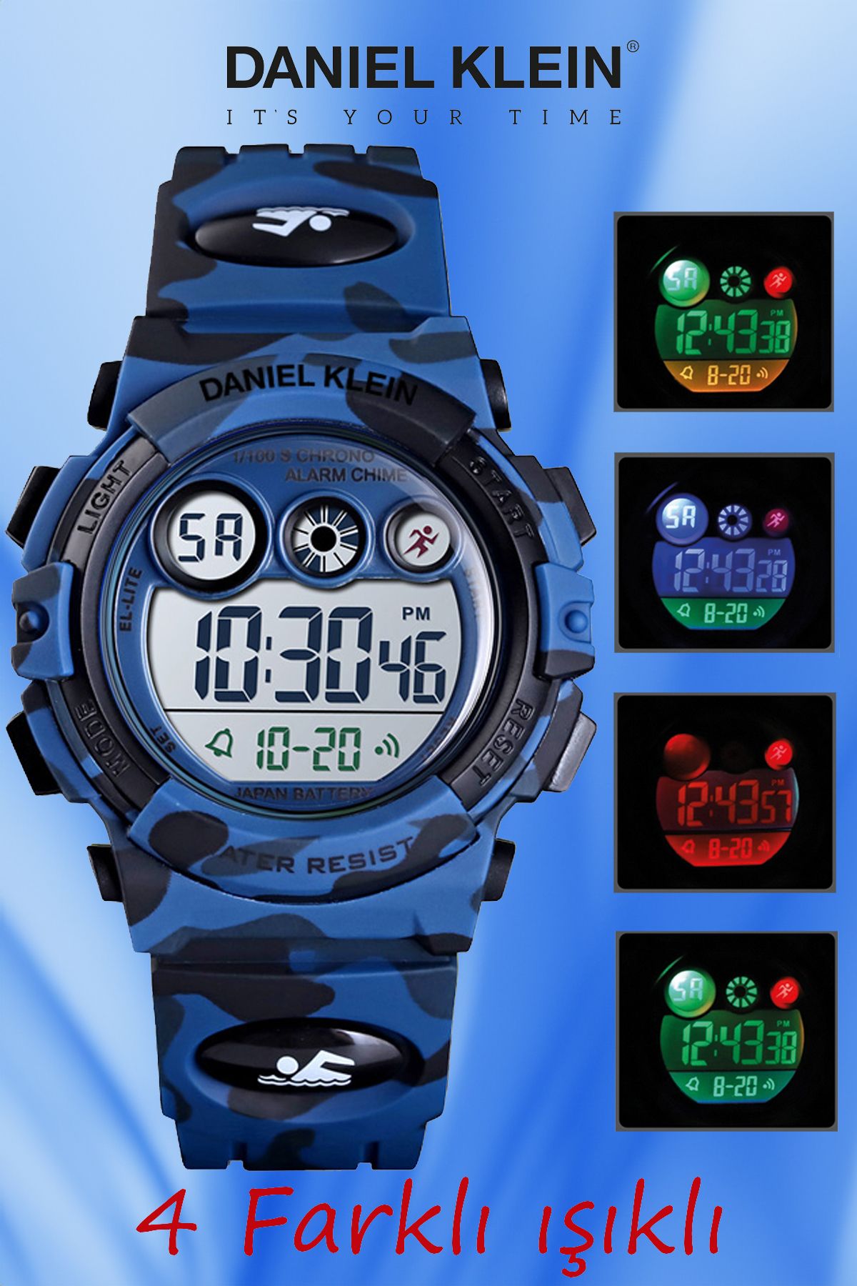 Daniel Klein 5-10 Yaş için Alarm ve Kronometre Özellikli, 4 Farklı Işıklı Koyu Mavi Kamuflaj Çocuk Kol Saati