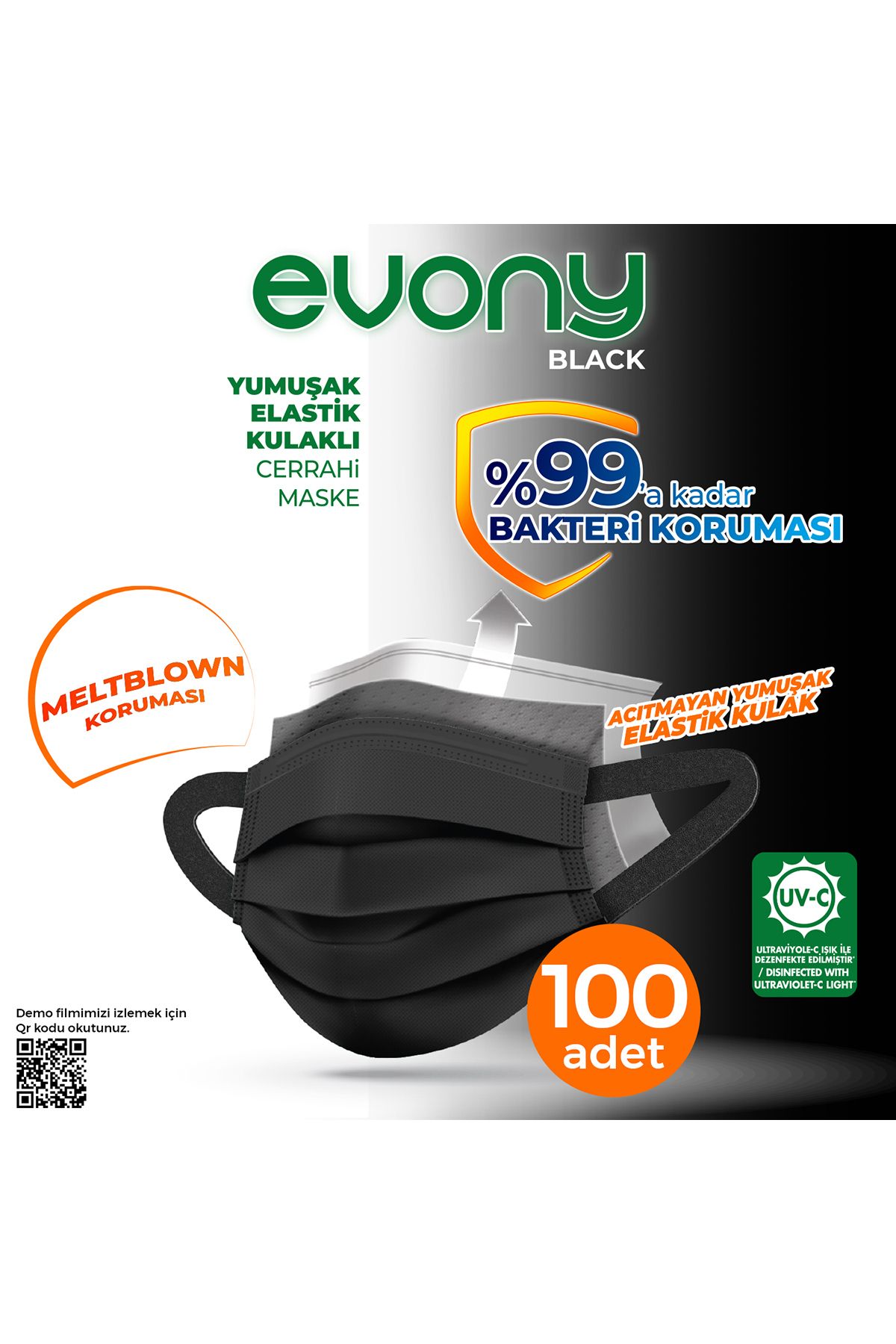 Evony Black Elastik Kulaklı Siyah Maske 100 Adet