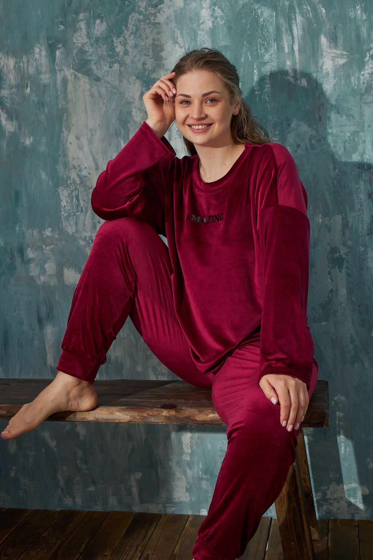 Meba Kadın Kışlık Büyük Beden Fransız Kadife Bordo Pijama Takımı Bordo Amazing