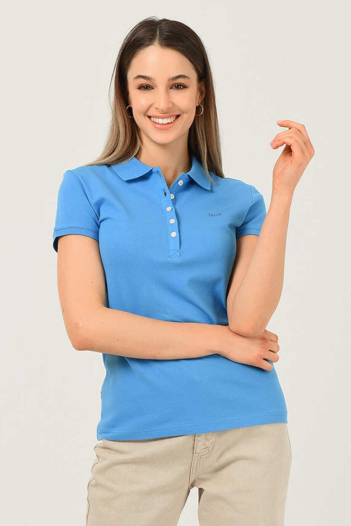 Ucla Shaver Mavi Polo Yaka Nakışlı Kadın Tshirt