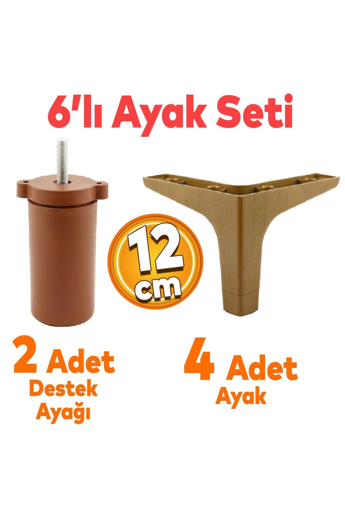 Badem10 Sedef 6'lı Set Mobilya Tv Ünitesi Çekyat Koltuk Kanepe Destek Ayağı 12 Cm Koyu Ceviz Baza Ayakları