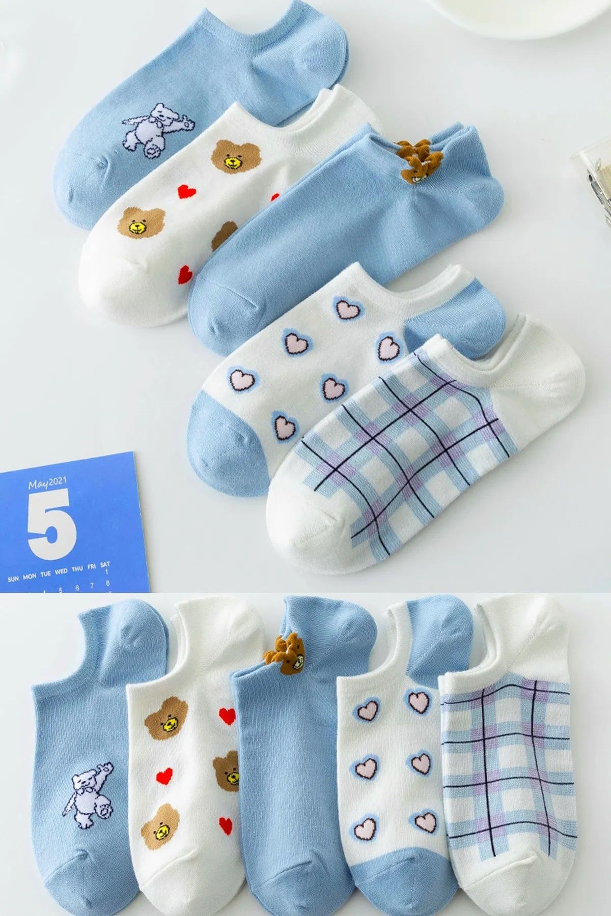 RNNKS SOCKS Mavi Kalp Desenli Kadın Patik Çorap 5 Çift Çorap Seti