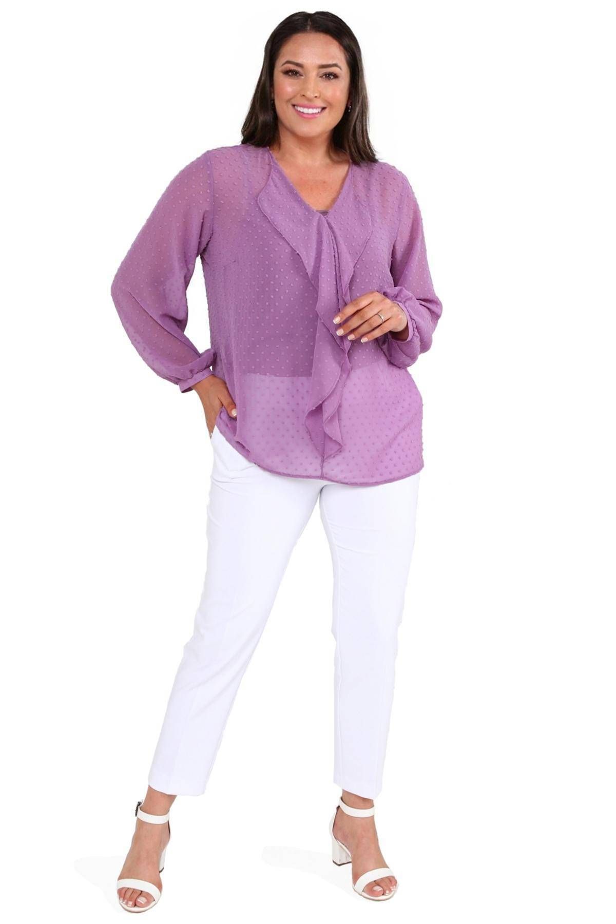 Hanezza Kadın Büyük Beden Fırfır Detaylı Silky Şifon Bluz Lila ( Iç Askılı Bluz Ile Gönderilir )