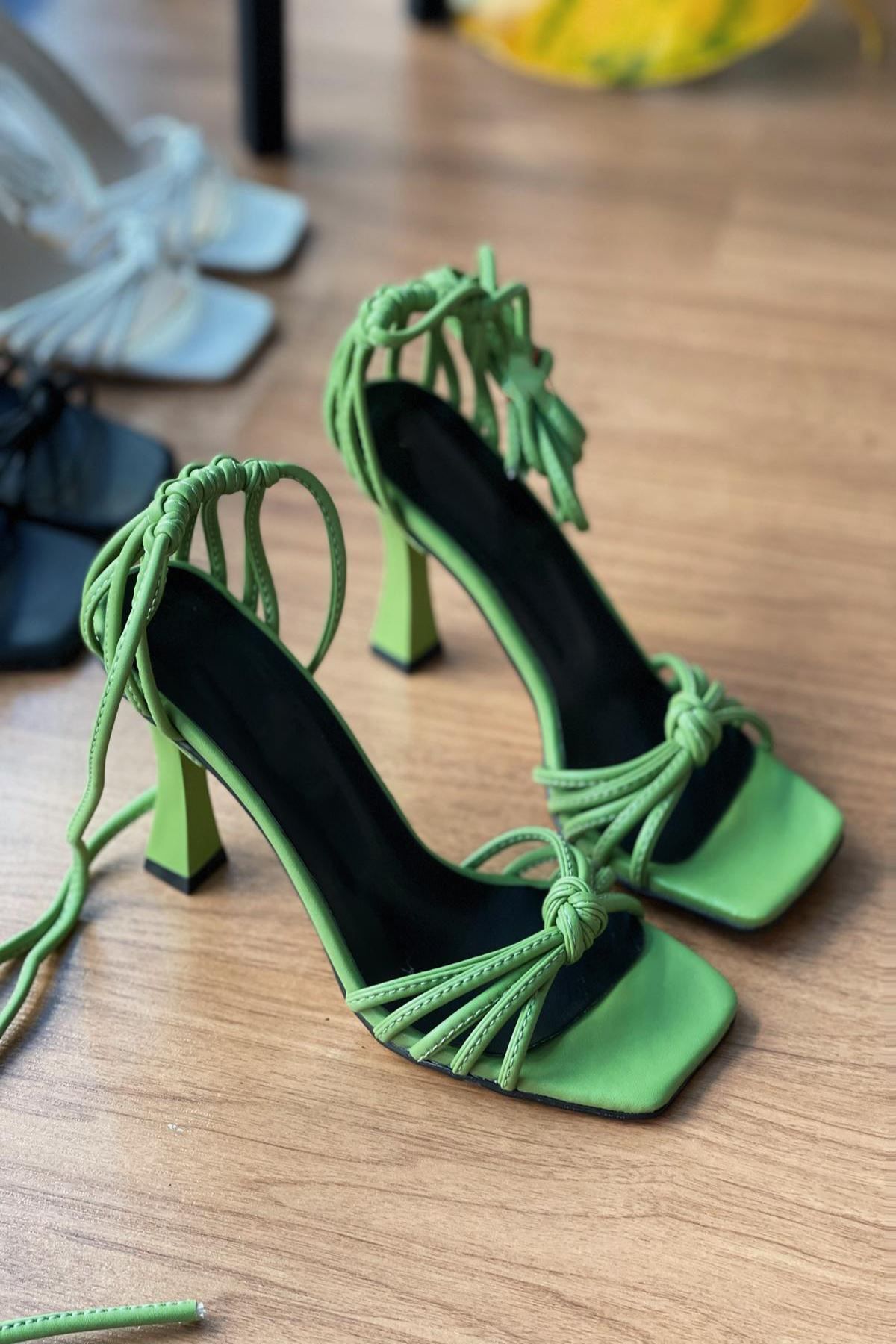 Mida Shoes Ycarrie Yeşil Deri Platform Tek Bant Topuklu Ayakkabı