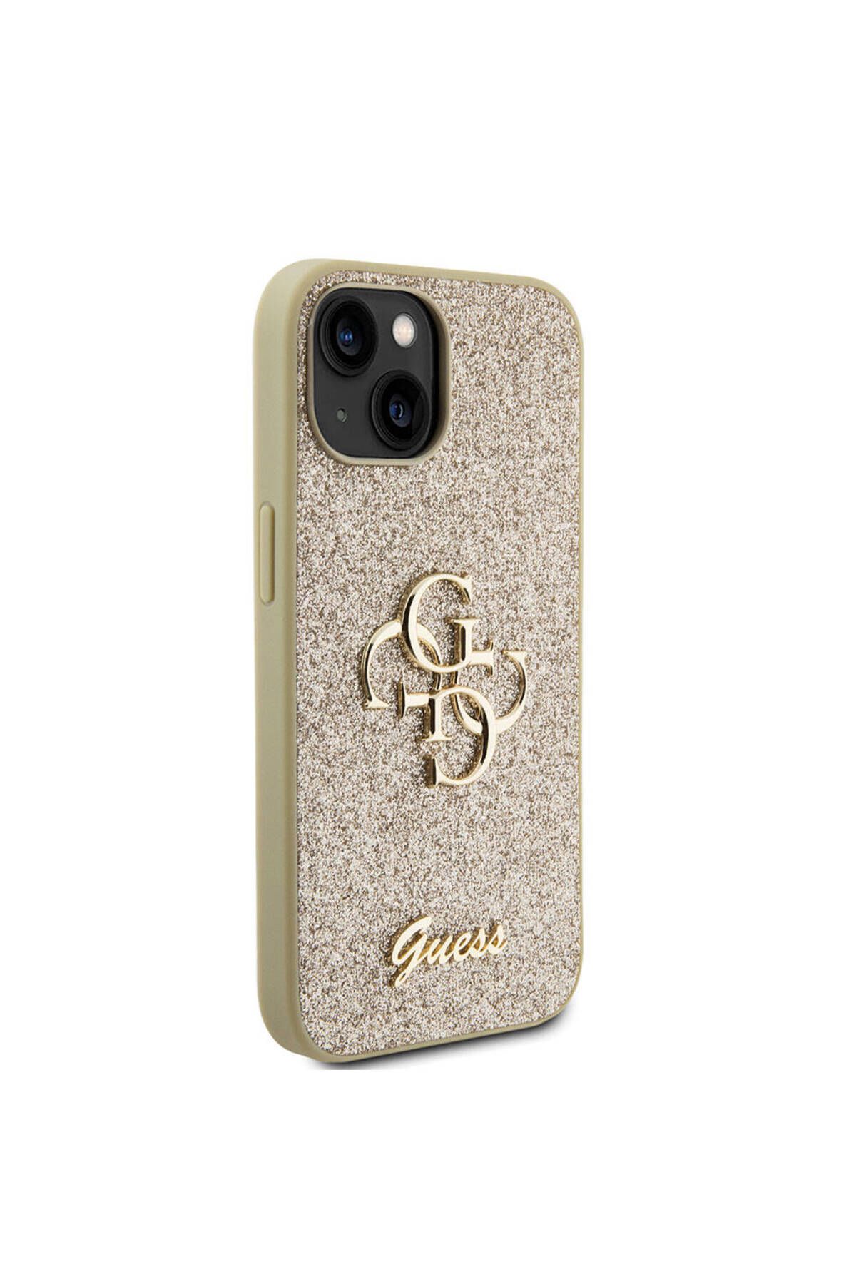 Guess iPhone 15 Plus Uyumlu Kılıf Guess Lisanslı 4G Büyük Metal Logolu Glitter Kapak Gold