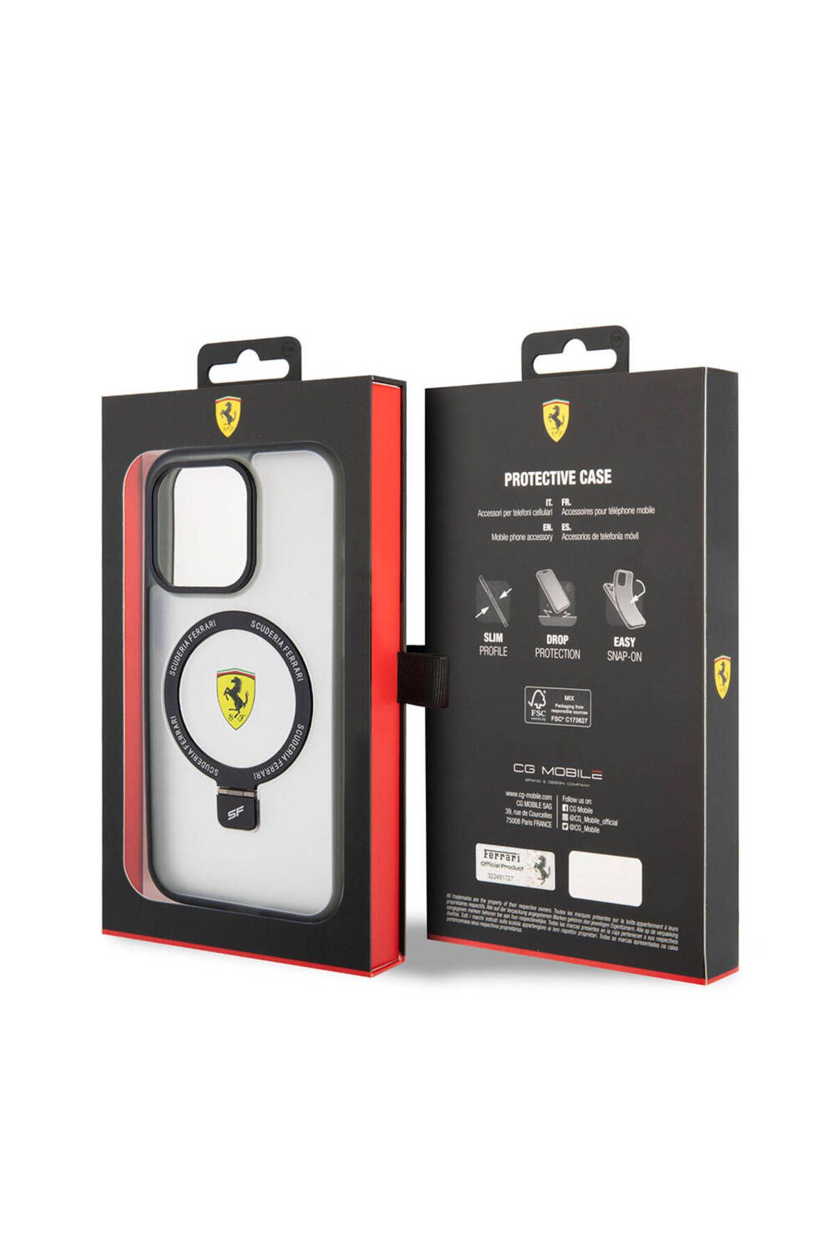 Ferrari iPhone 15 Pro Kılıf Ferrari Uyumlu Magsafe Şarj Özellik Standlı Buzlu Yüzey Dizayn Transparan Siyah