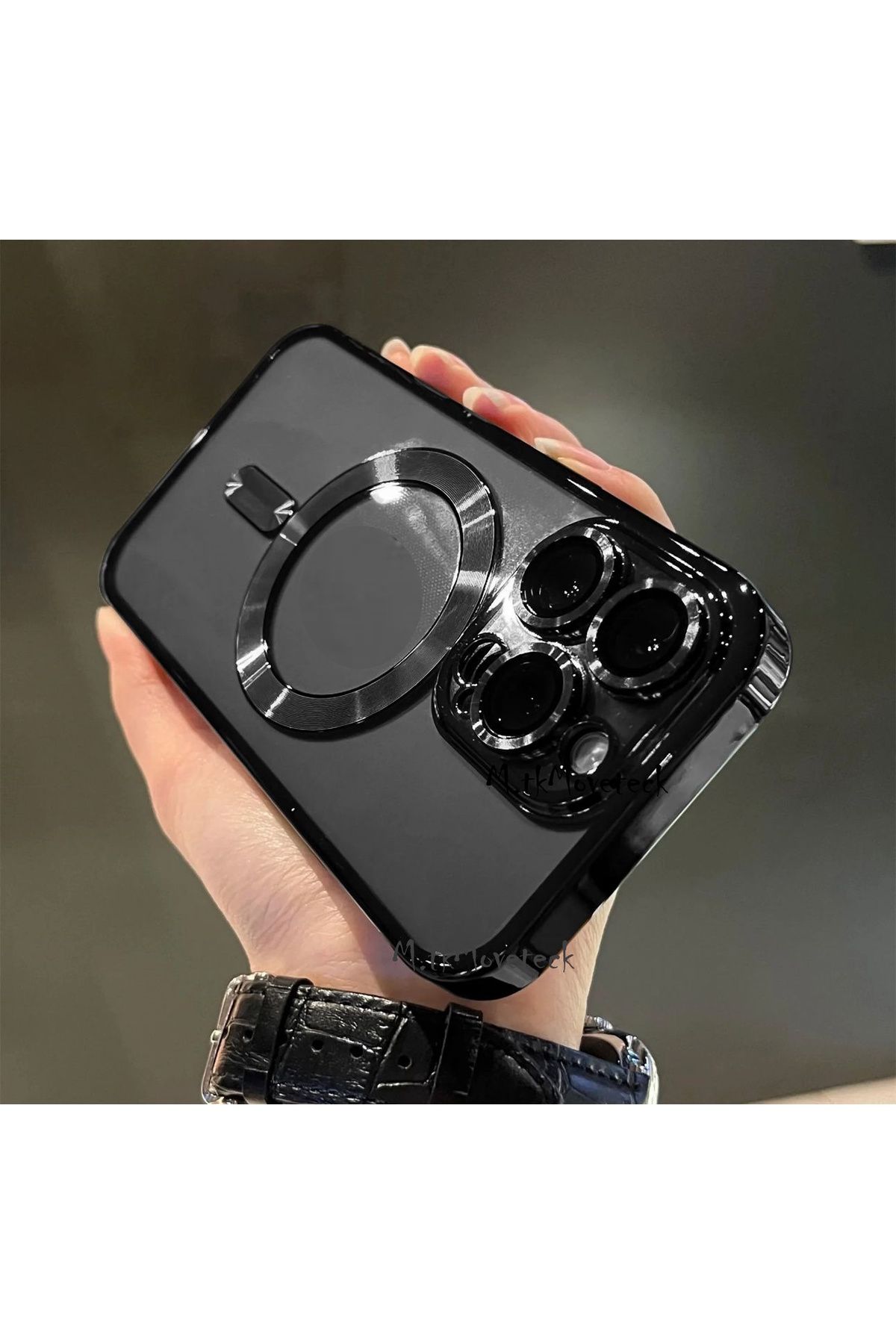 m.tk moveteck İphone 15 Pro Max Kılıf Tam Kamera Korumalı Magsafe Şarj Destekli Renkli Kenarlı Arkası Şeffaf Kapak