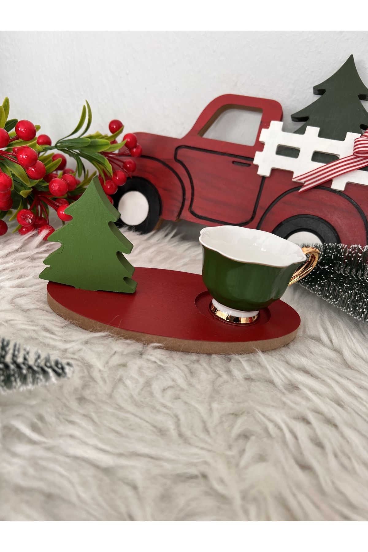 Ayd Home Çam Ağaclı Kahve Çay Sunumluğu Noel Ahşap Christmas Yeniyıl Yılbaşı 18 Cm Newyear Kırmızı