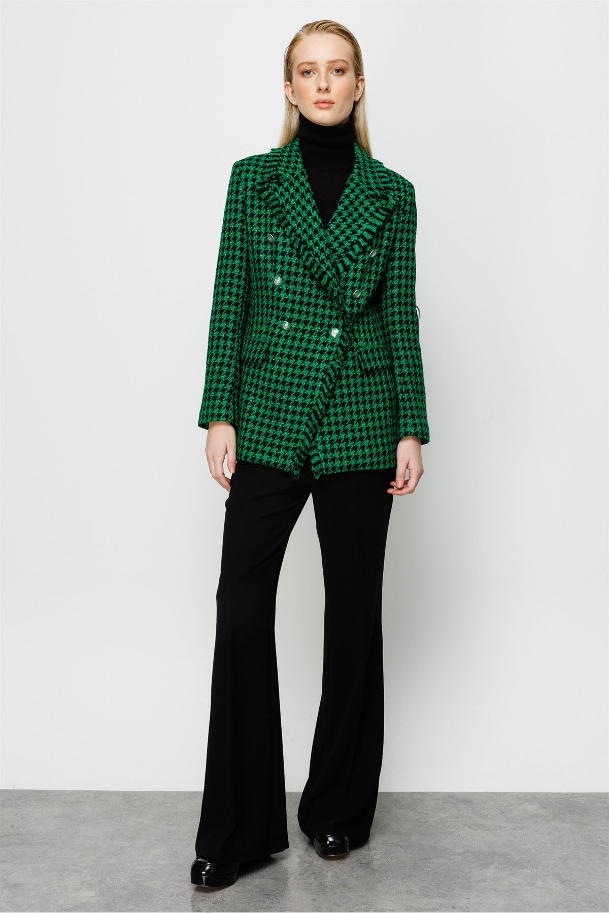 Moda İlgi Modailgi Yakası Püsküllü Kruvaze Ceket Yeşil