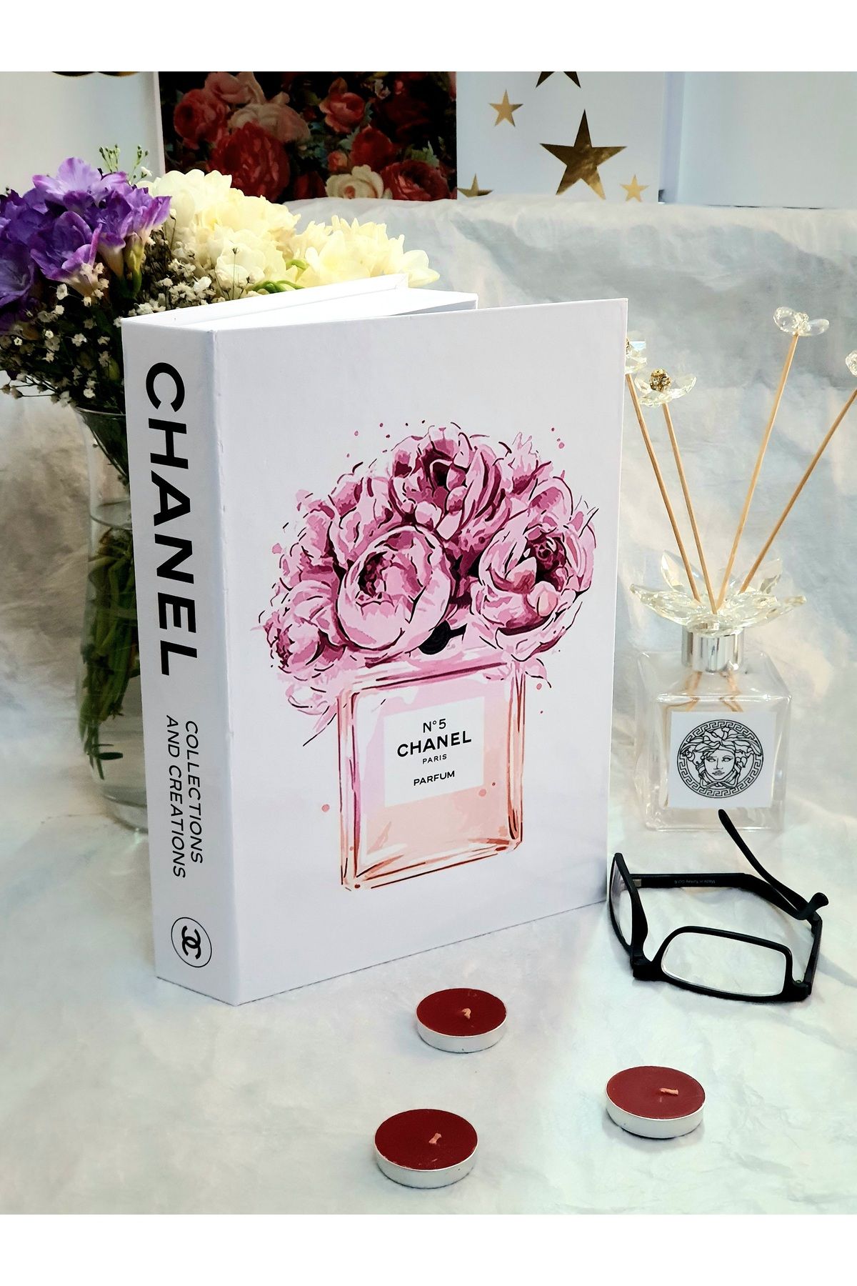 Saccura Decor Kitap Kutusu, Dekoratif Pembe Parfüm Şişe Desenli Açılabilir Kitap Kutusu, Dekoratif Kitap Kutu