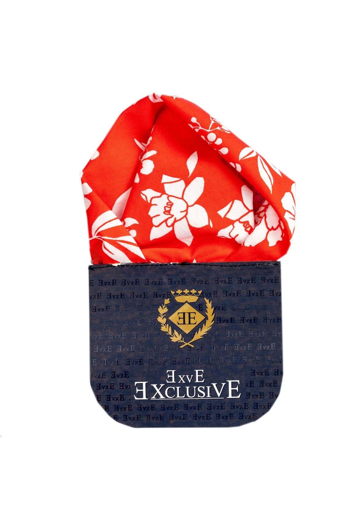 Exve Exclusive Kırmızı Çiçekli Katlanmış Kullanıma Hazır Cep Mendili