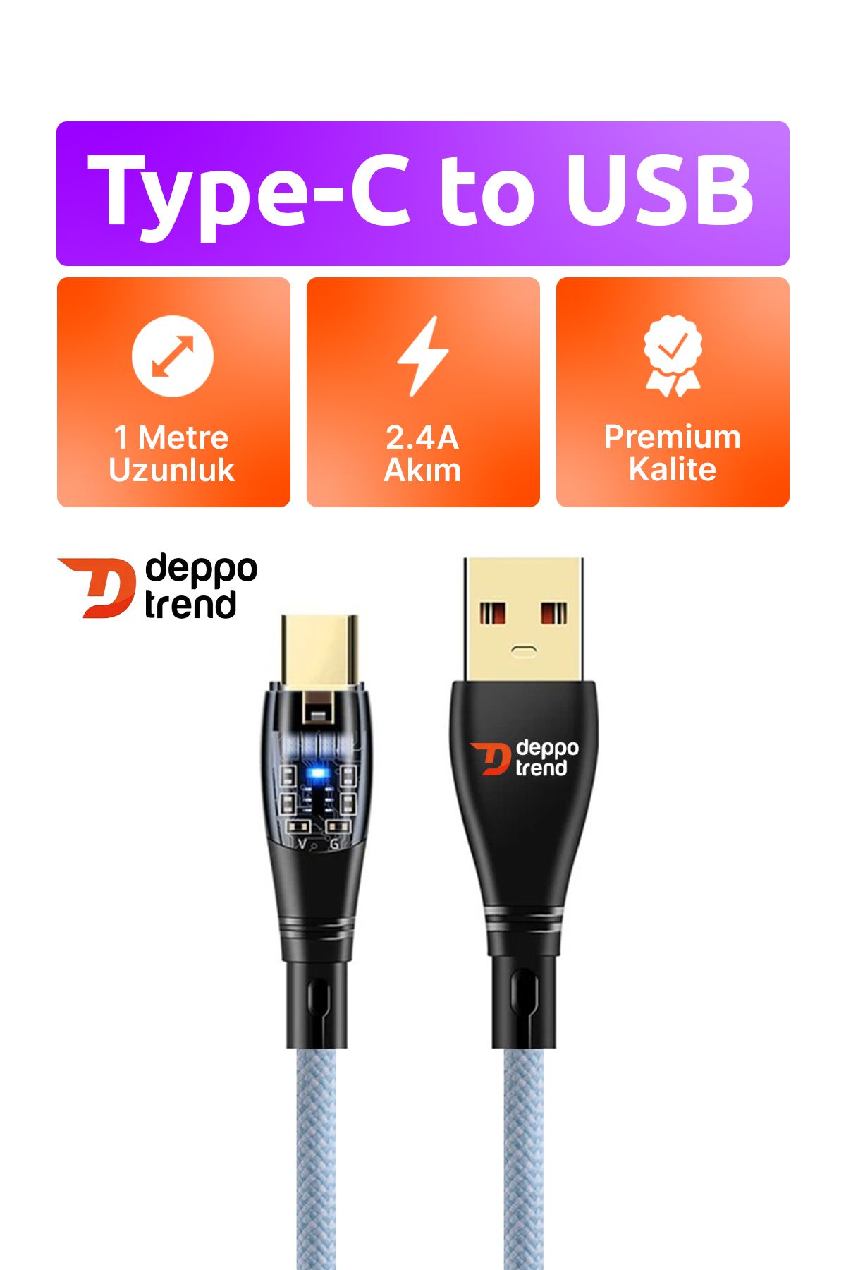 Deppo Trend Samsung Xiaomi Oppo Huawei Uyumlu 60w Turbo Hızlı Şarj ve Data Kablosu Şeffaf Tasarım Led Işıklı